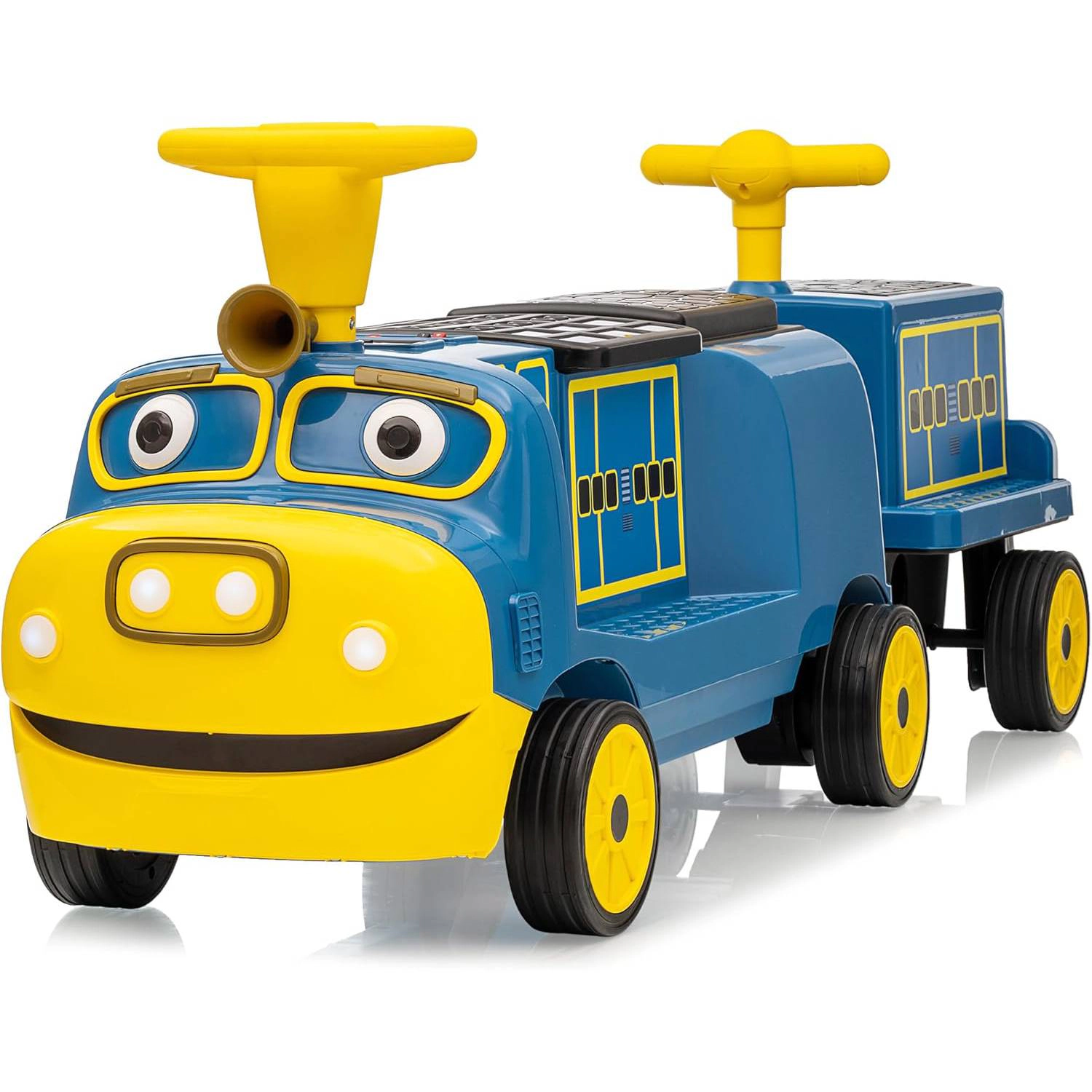 12V 2-Seater Kids Ride On Trackless Train w/ Carriage, Adjustable Seat, Music, LED Lights & Storage for Toddlers 3+
