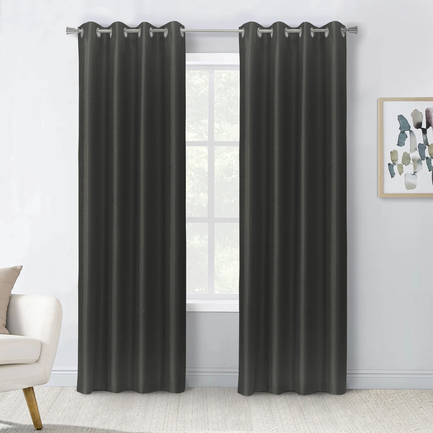 Thermaplus 100% Polyester Glacier Balance Temperature Solid Faux Silk Blackout Grommet Curtain Panel 52" x 108" Black