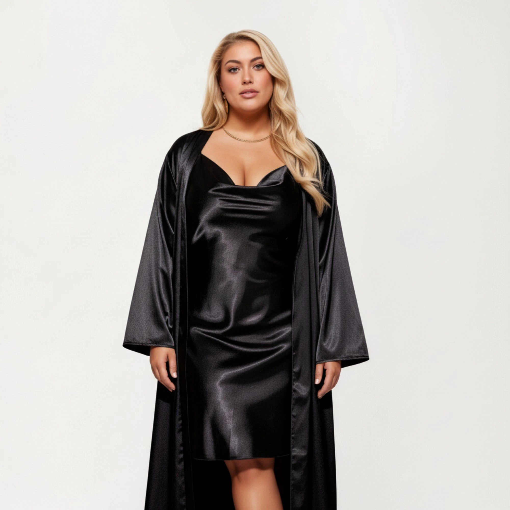 Anna-Kaci Women's Satin Slip Dress and Long Robe Set with Soft Draped Silhouette Elegant Flowing Layered Design