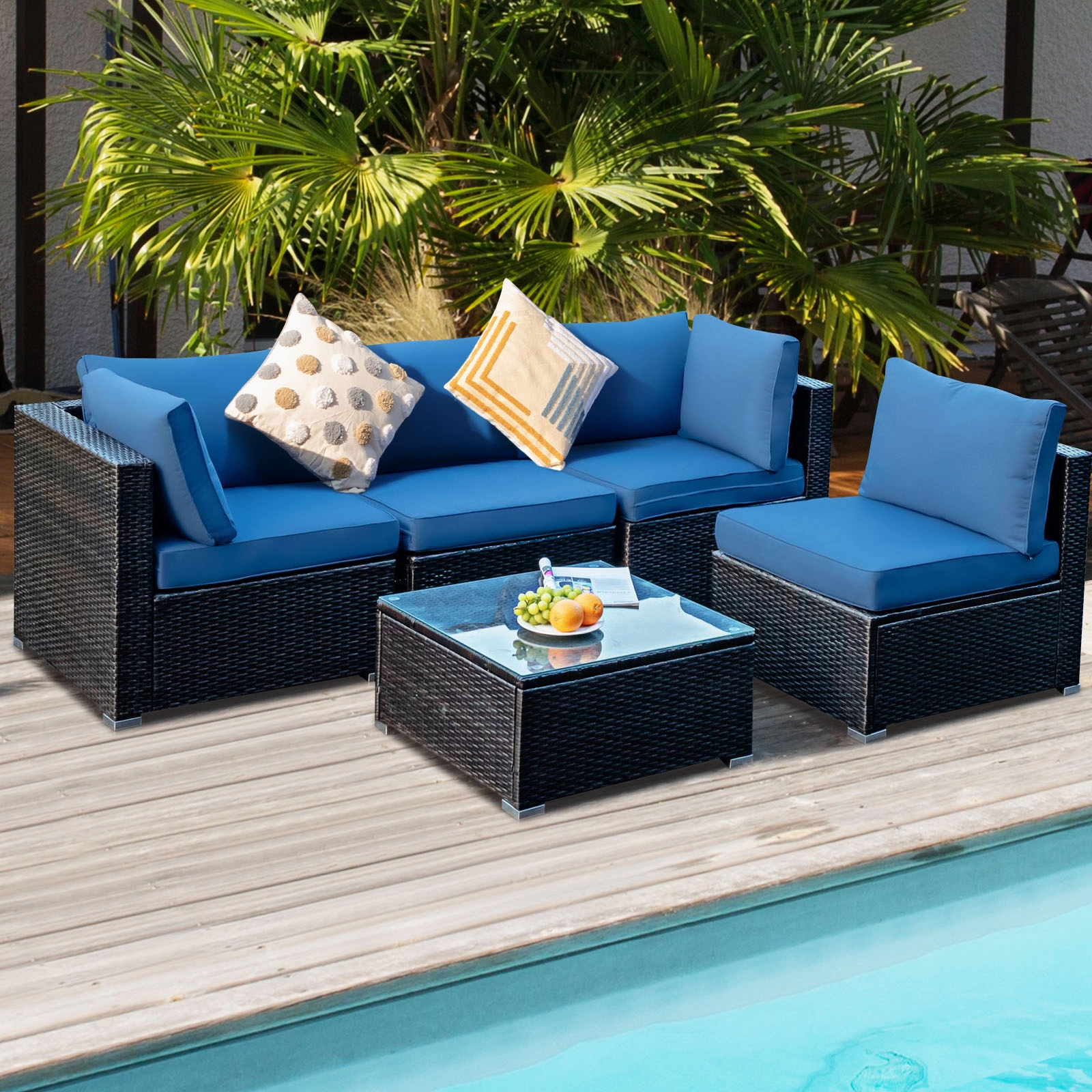 SUGIFT 5 Piece Cushioned Patio Rattan Furniture Set with Tempered Glass Table