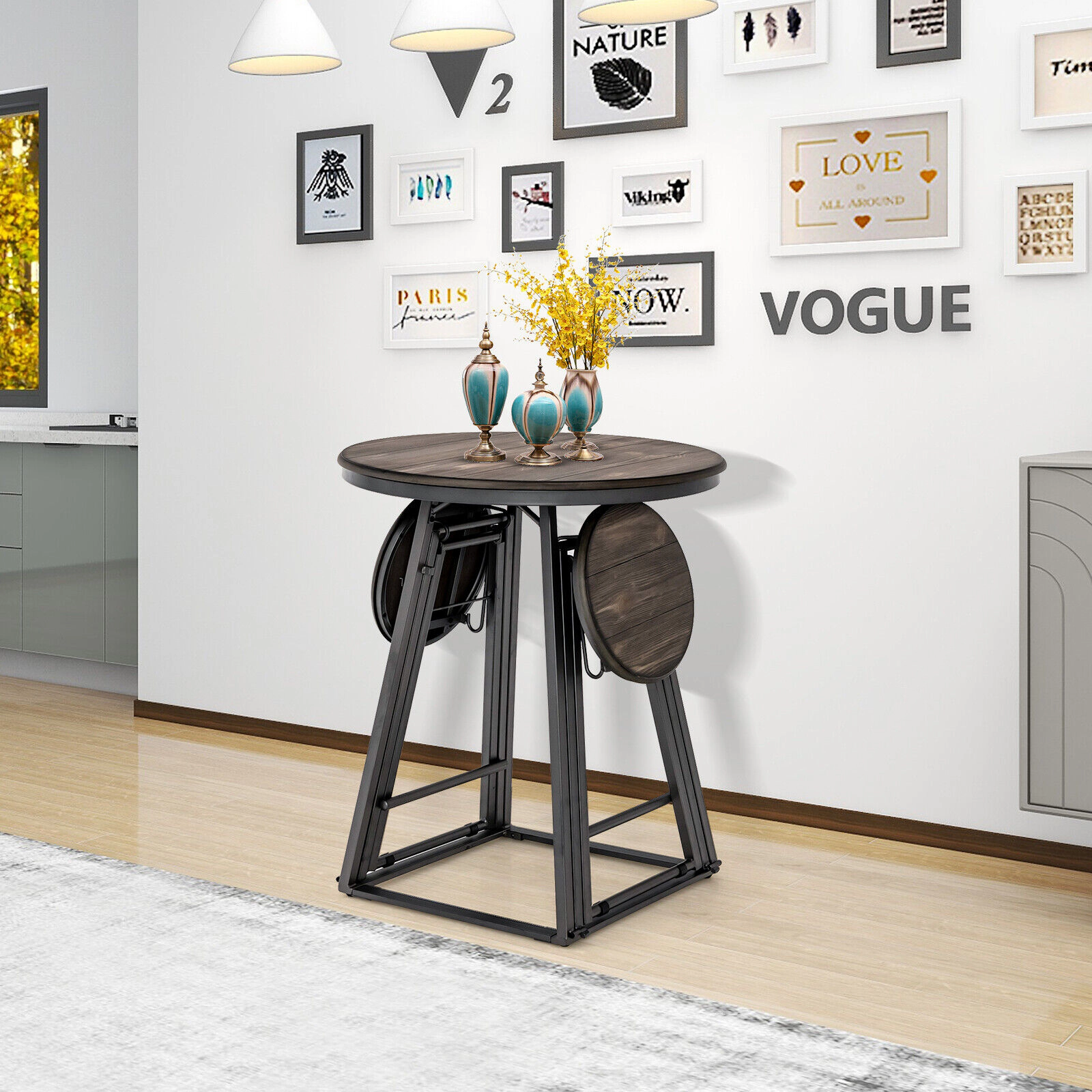 SUGIFT Space-Saving Round Dining Table Set with Foldable Stools 110-lb Table 330-lb Stools Gray