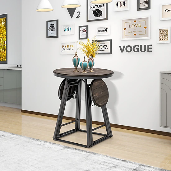 SUGIFT Space-Saving Round Dining Table Set with Foldable Stools 110-lb Table 330-lb Stools Gray