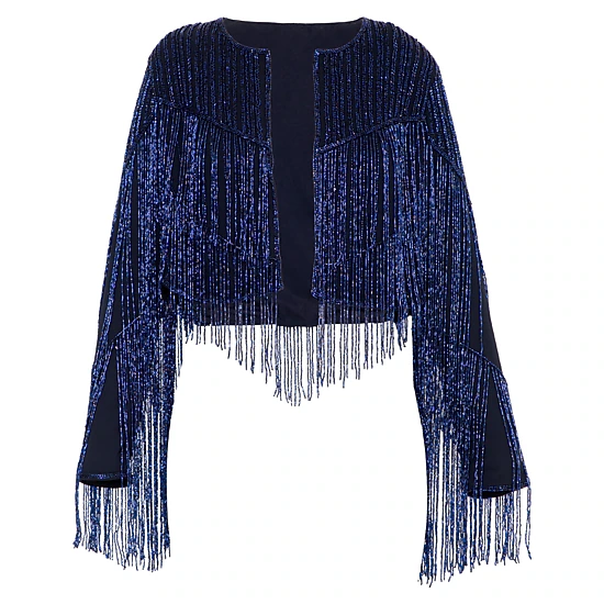 Rose & Nancy Women's Blue Black Scarlett Beaded Fringe Jacket