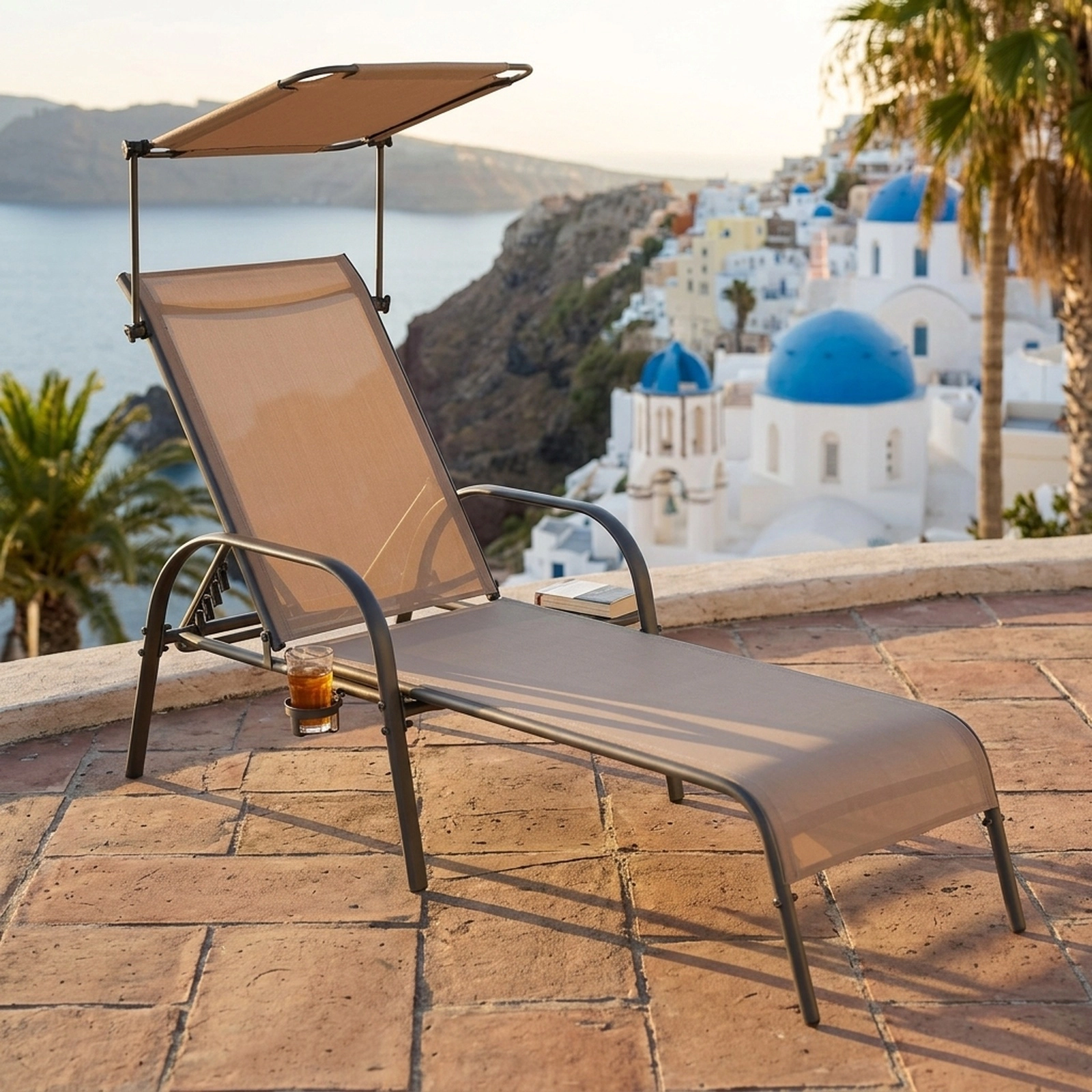 SUGIFT Brown Patio Chaise Lounge with Sunproof Canopy, Rotary Cup Holder, 5-Level Reclining Backrest