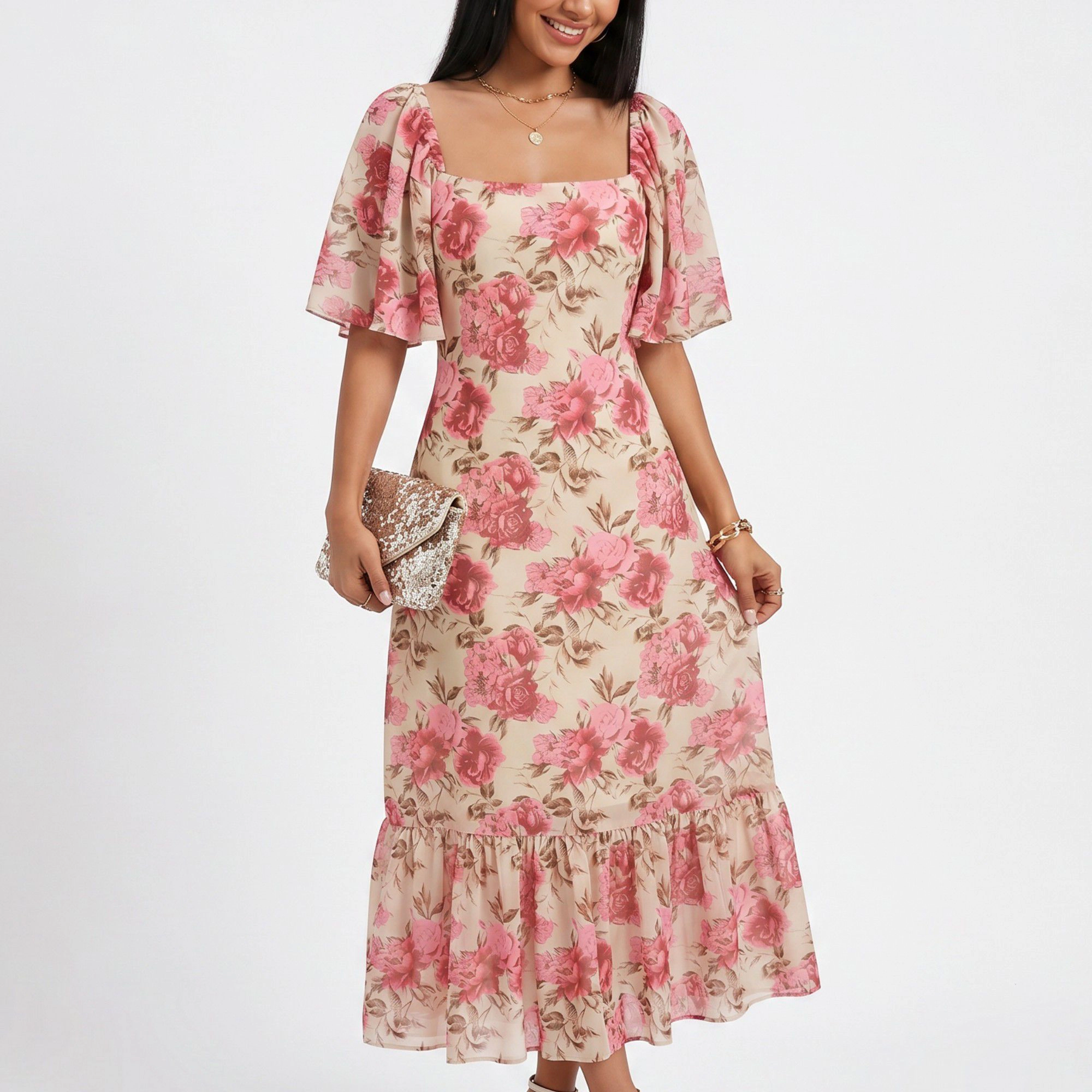 Anna-Kaci Women's Floral Square Neck Flutter Sleeve Ruffle Hem Midi Dress