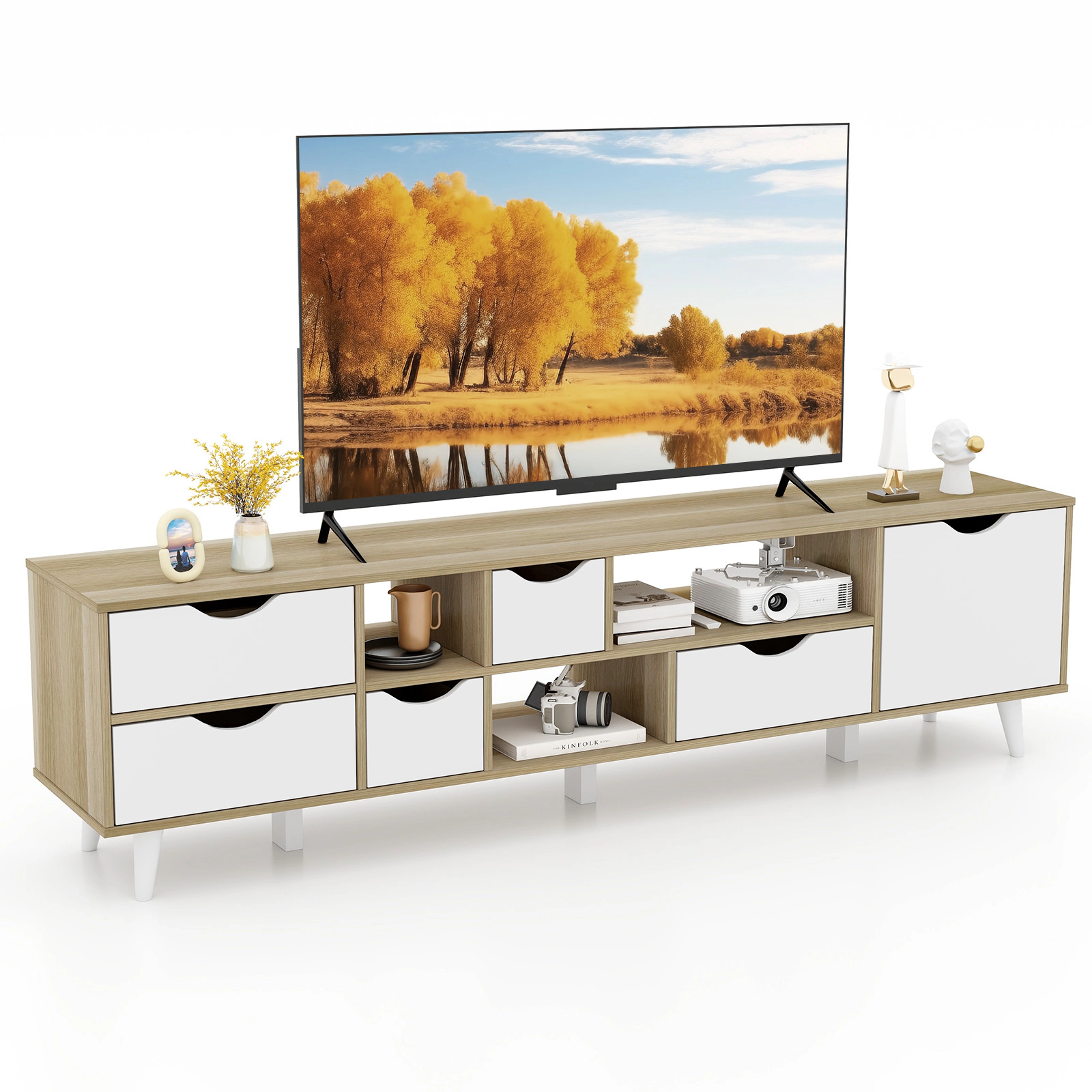 SUGIFT 59-in Engineered Wood MDF TV Stand for TVs up to 65 in 5 Drawers 3 Open Shelves Adjustable Shelf 57-lb Net Weight