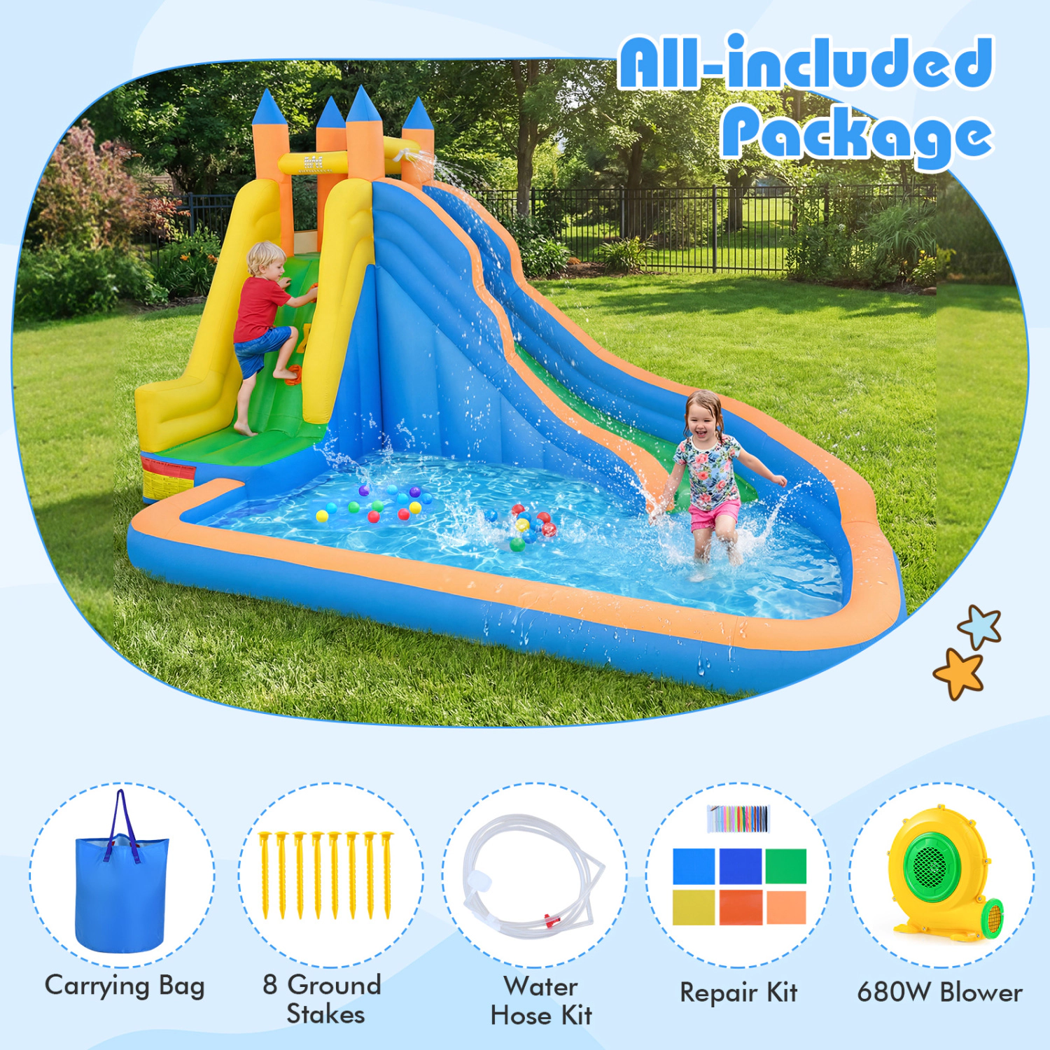 LJG Kids 3-in-1 Inflatable Water Slide with Curved Slide and 680W Blower