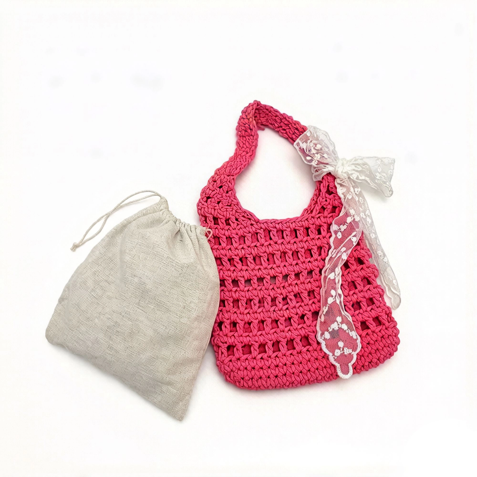 Alilang Women's Crochet Shoulder Bag with Lace Bow Detail Knit Bucket Handbag Drawstring Lined Casual Everyday Tote