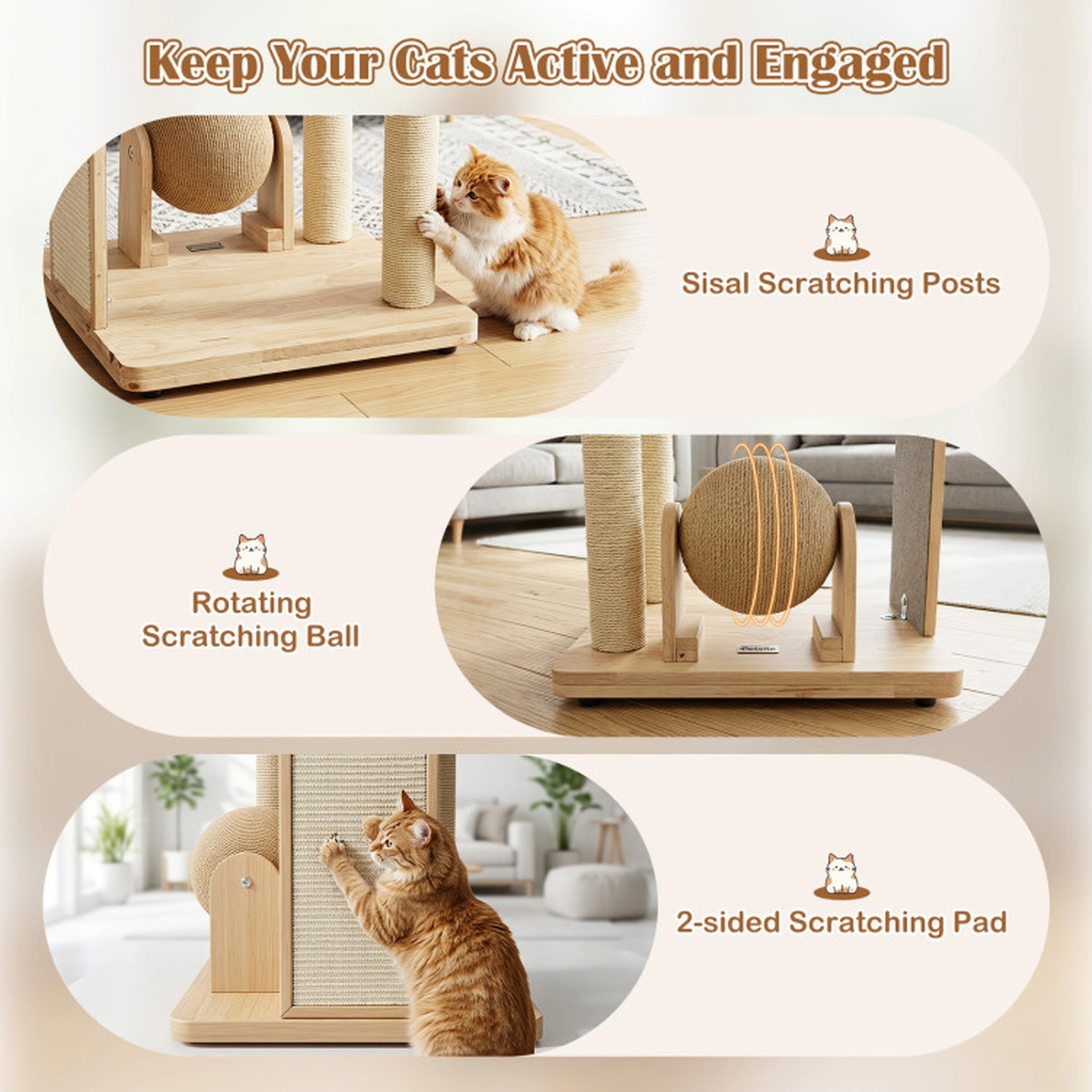 SUGIFT Natural Wood Cat Tree with Space Capsule and Scratching Ball 23.5-in W 21-in D 40-in H 33-lb Per Layer