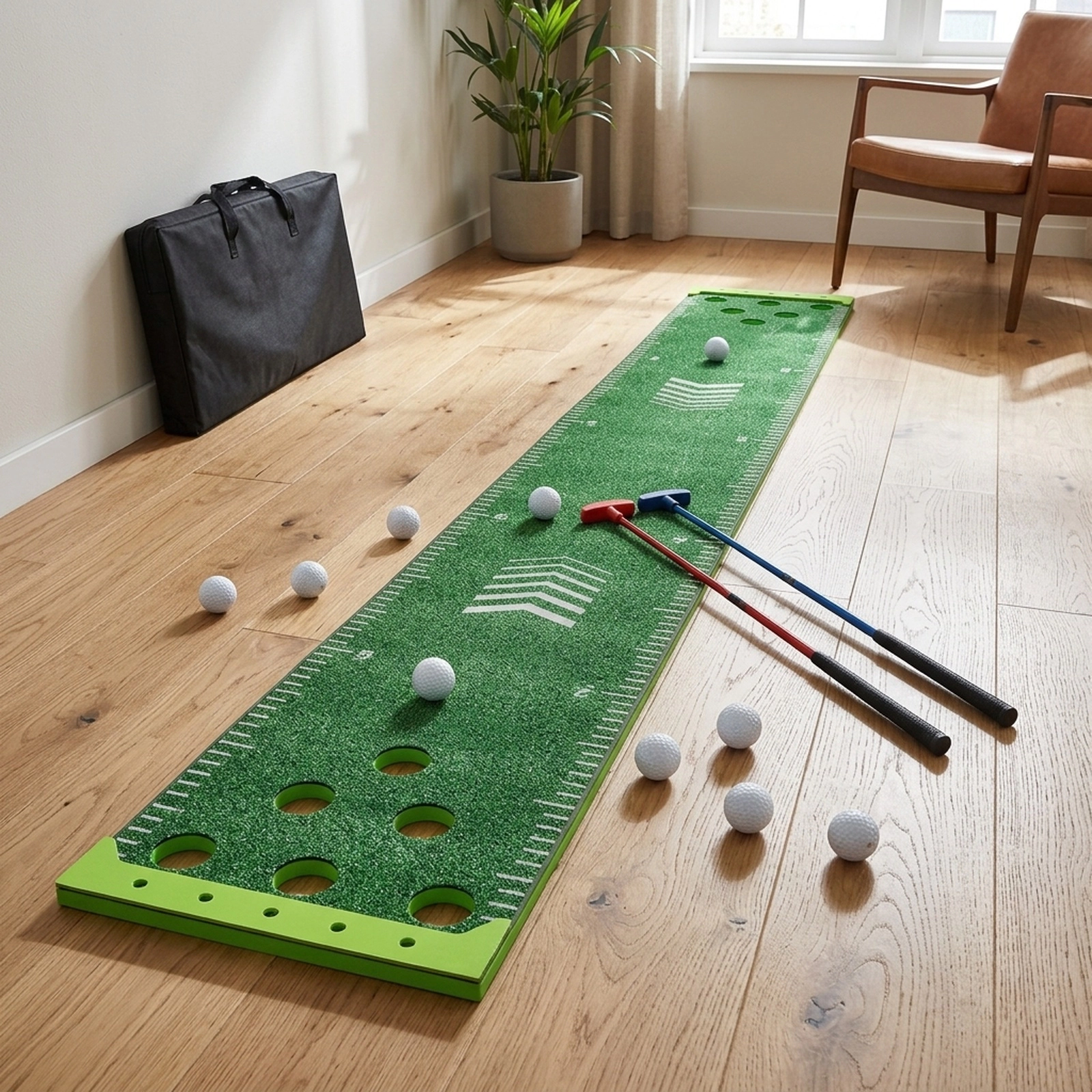 11-ft Putting Green Mat Set 2 Adjustable Putters 6 Balls Ball Holders Carry Bag Kids and Adults Mini Golf