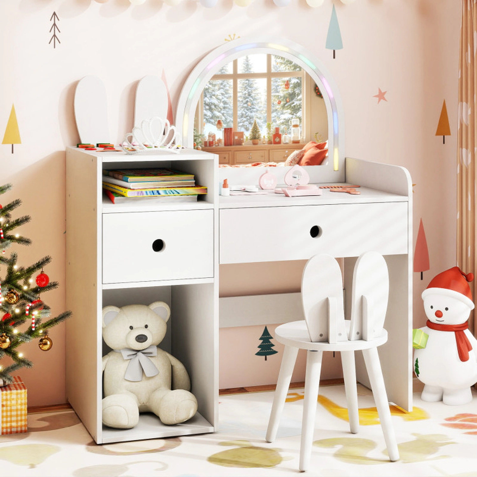 SUGIFT Kids Vanity Table and Stool Set with Lighted Mirror and Open Shelves in White