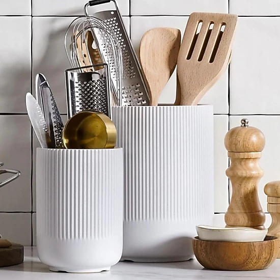 Stock Preferred Pack of 2 Fluted Ceramic Utensil Holder Set Kitchen Counter Organizer