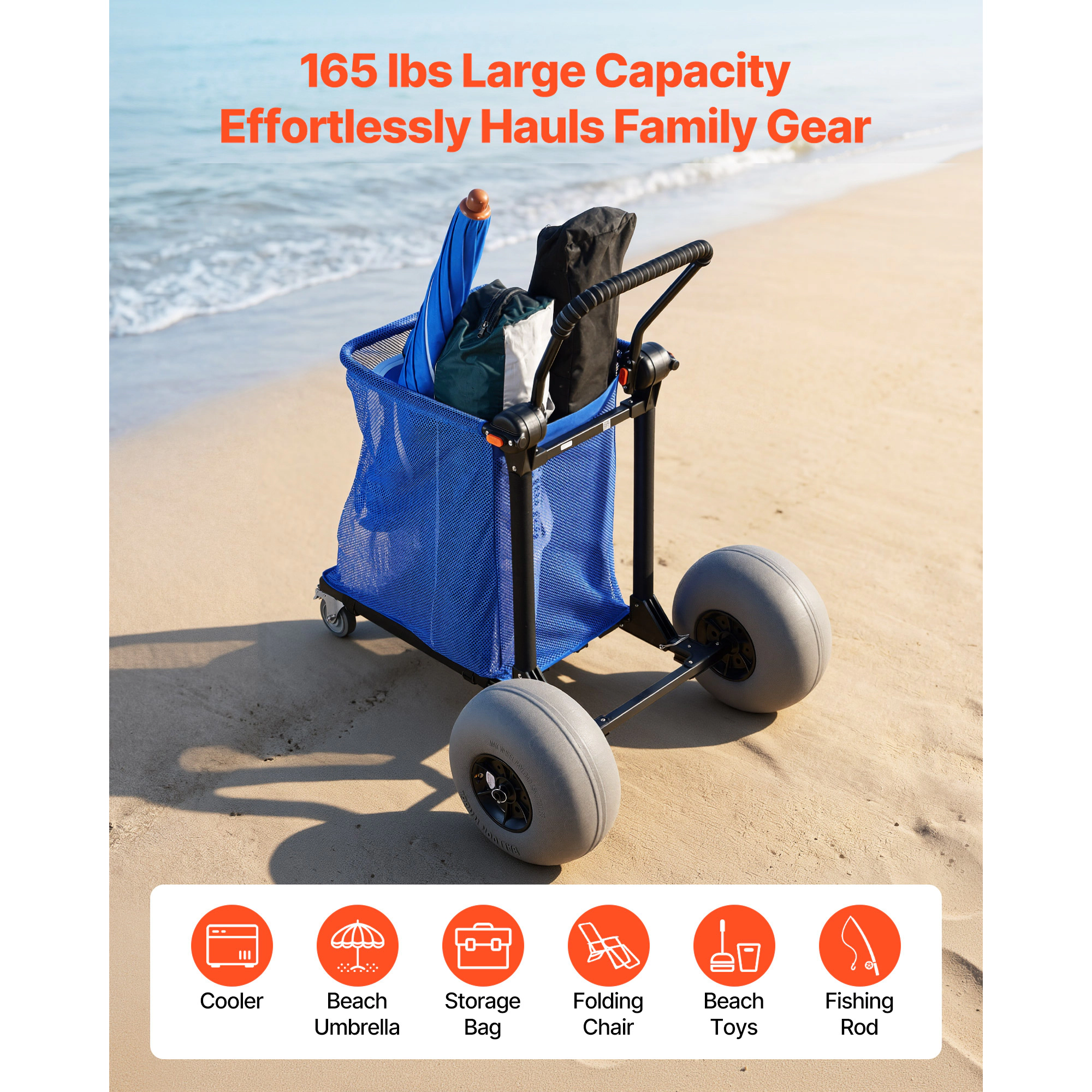 HONGGE Heavy Duty Folding Sand Cart with 12" Balloon Wheels for Beach Camping, 165 lbs Load Capacity