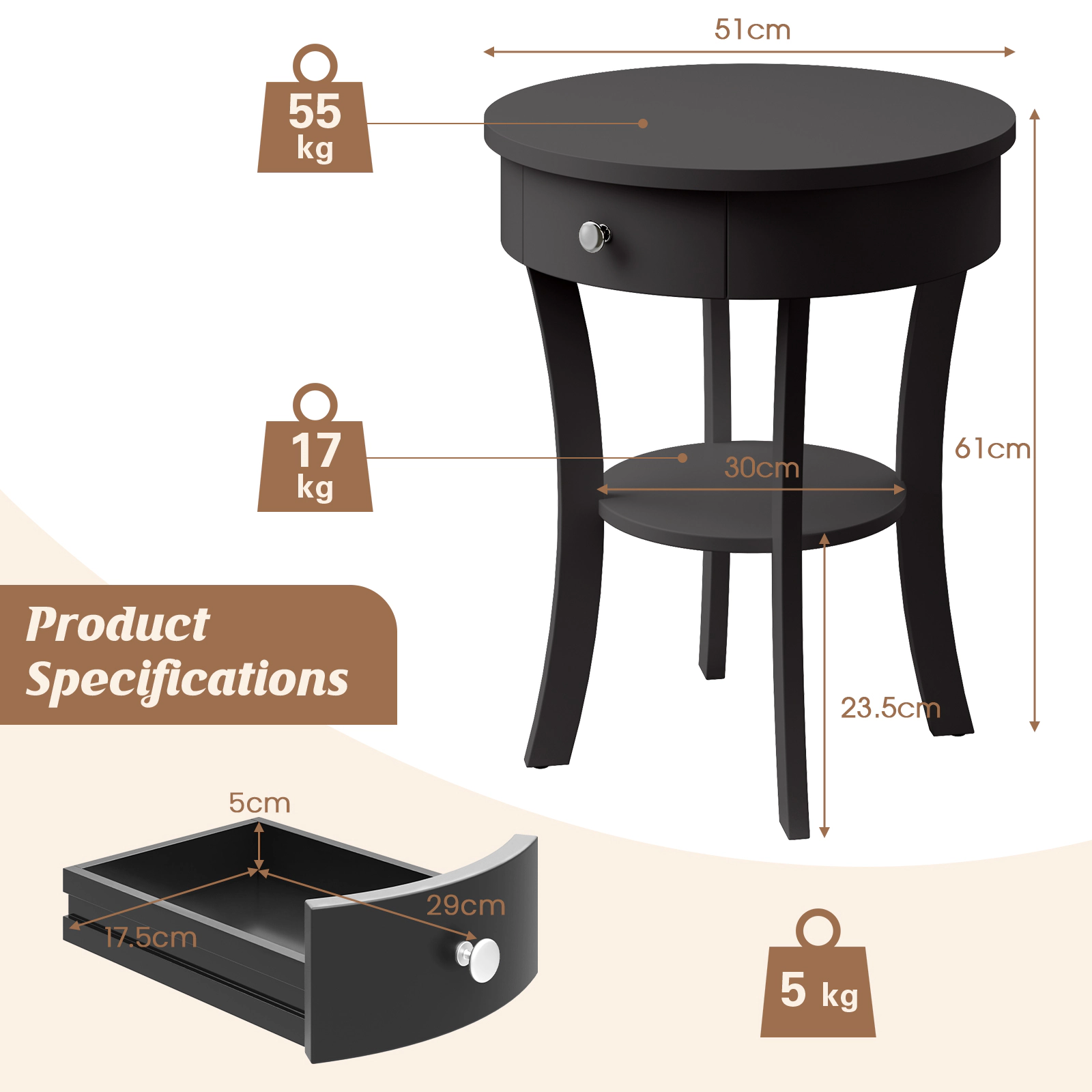 Glintex Round 2-Tier End Table with Open Drawer and Rubber Wood Legs