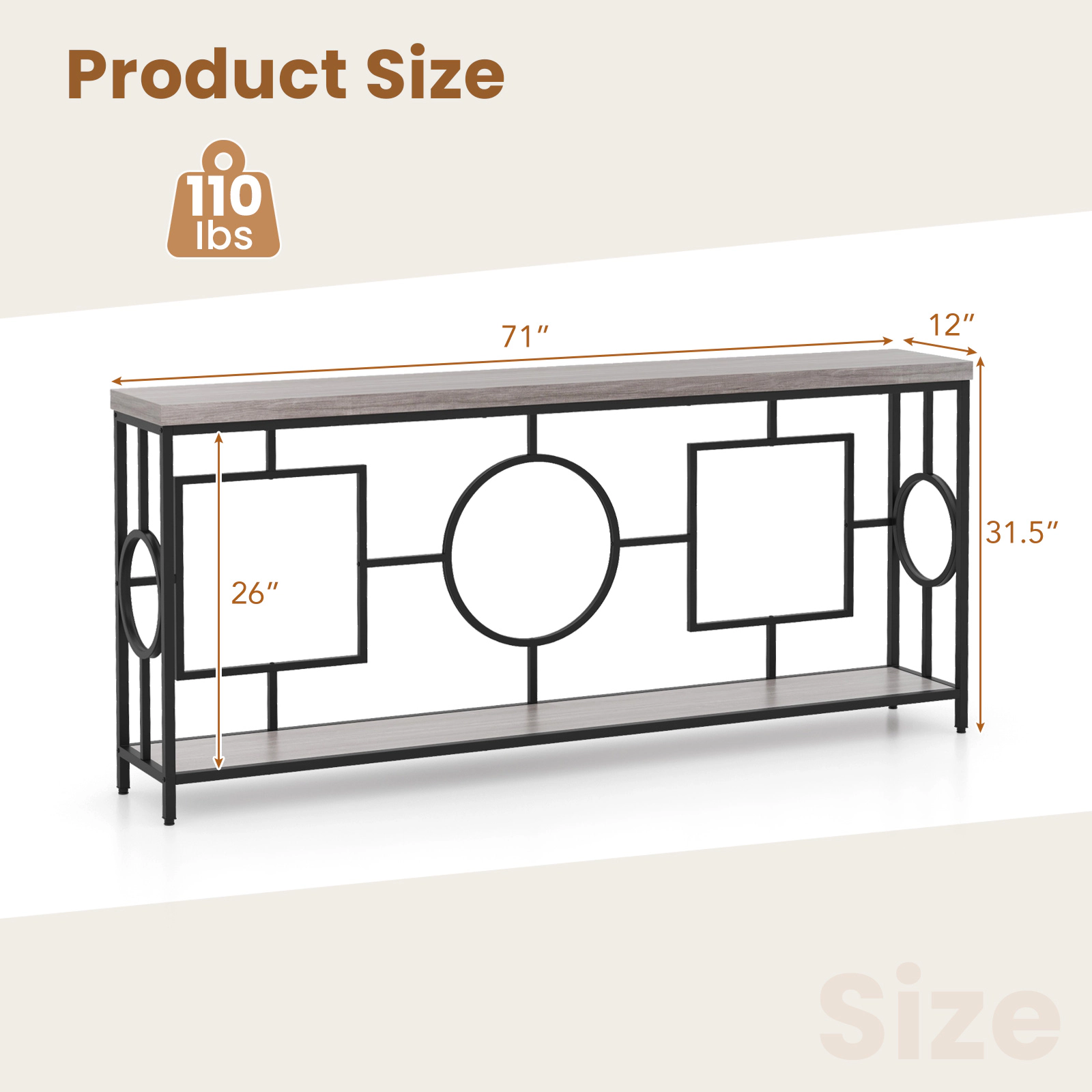 SUGIFT 2-Tier Wood Grain Top Metal Frame Hallway Console Table 71-in x 12-in x 31.5-in 110-lb Capacity Rustic Brown