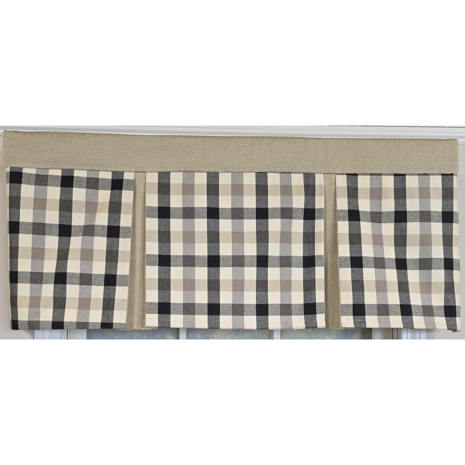 RLF Home 100% Cotton Bison Check Pleated  Unlined Windows Rod Pocket Valance 50" x 17"  Black