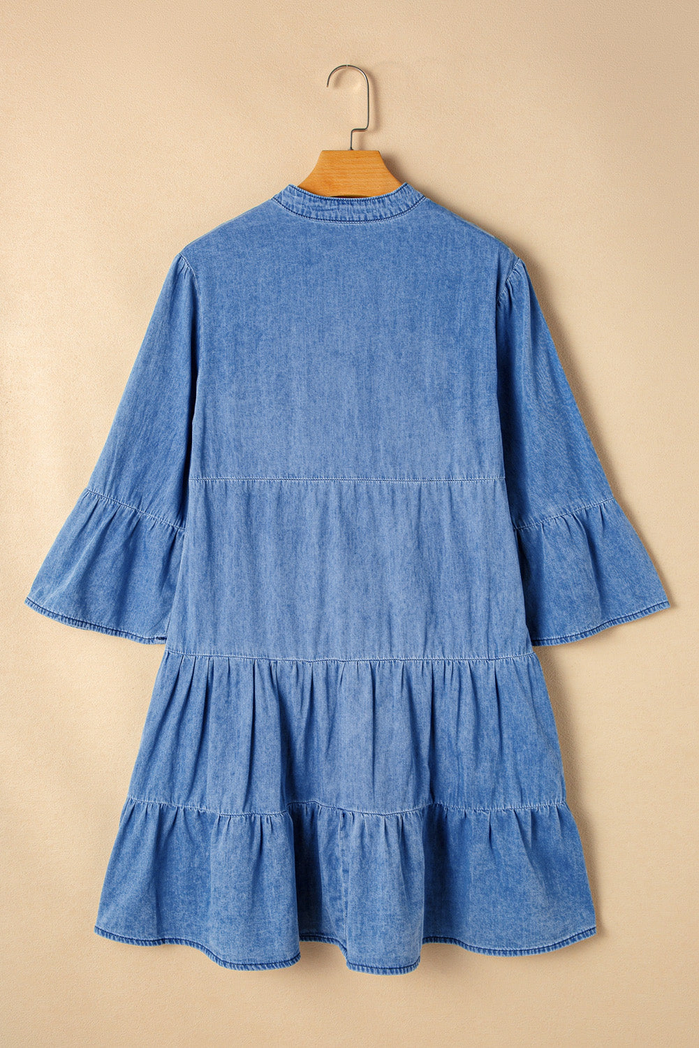 Threaded Pear Womens Sky Blue Chambray Ruffled 3/4 Sleeve Tiered Split V-Neck Mini Dress