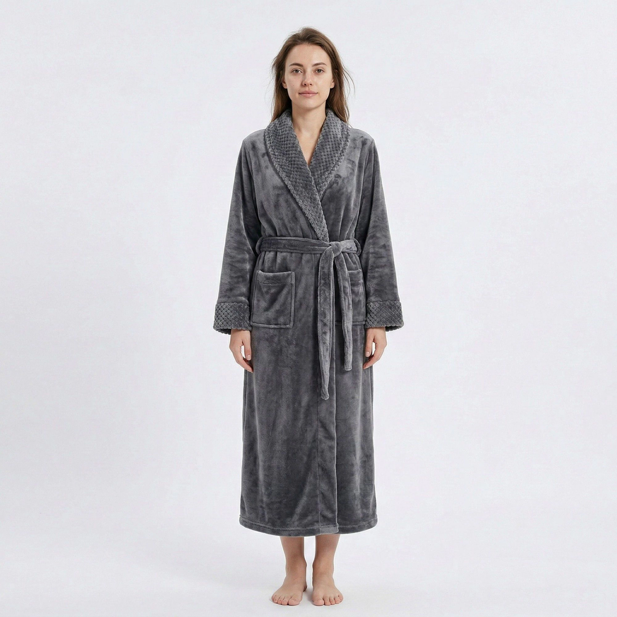 Anna-Kaci Women's Plush Long Sleeve Shawl Collar Bathrobe with Waist Tie Belt and Front Patch Pockets