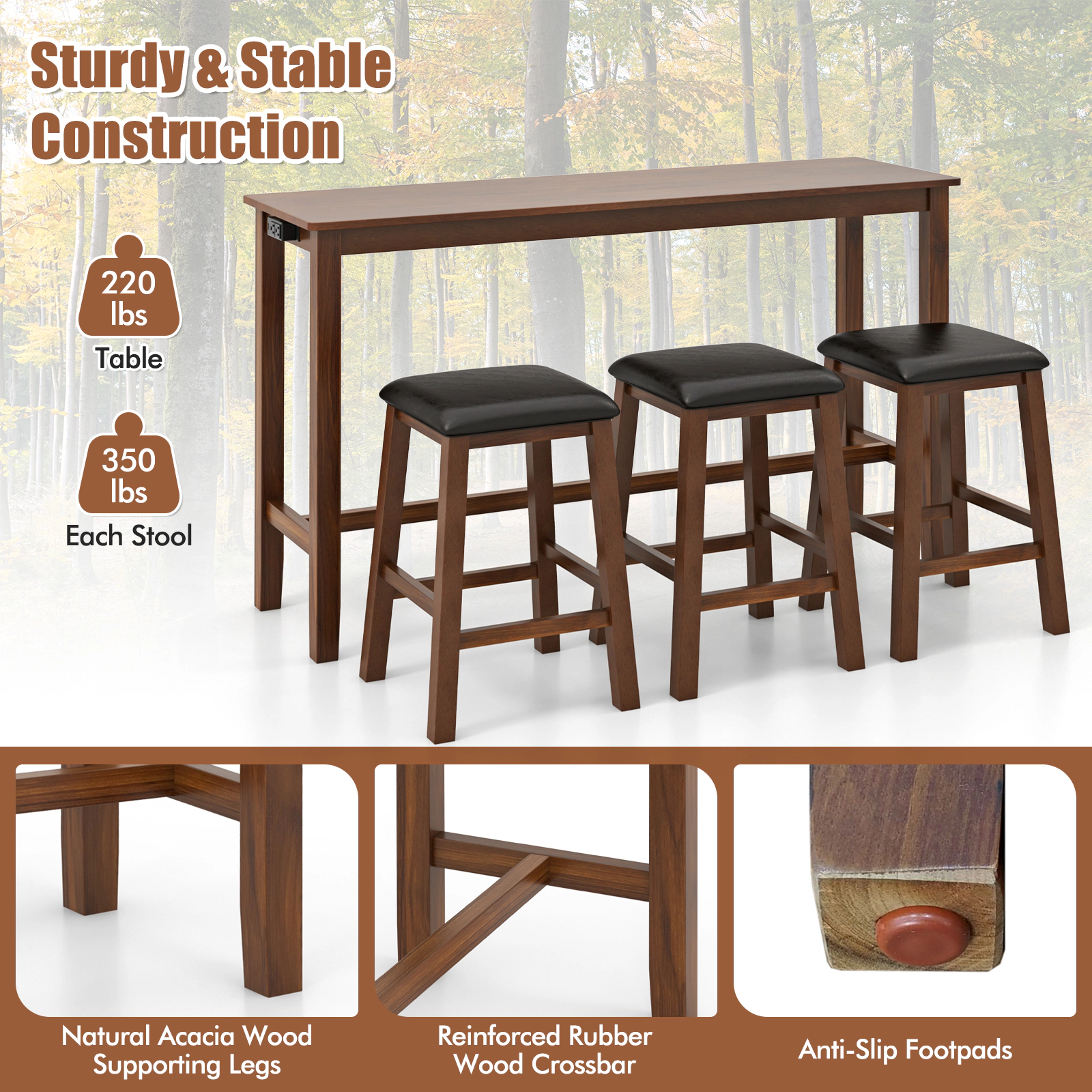 Slickblue 4 Piece Counter Height Dining Table Set with 3 Stools Walnut Brown USB Outlet