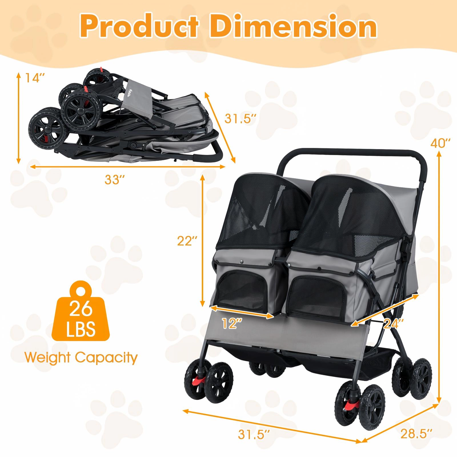 SUGIFT Gray Double Pet Stroller with Storage Basket and Pockets 31.5-in W 28.5-in D 40-in H 26-lb Seat Capacity