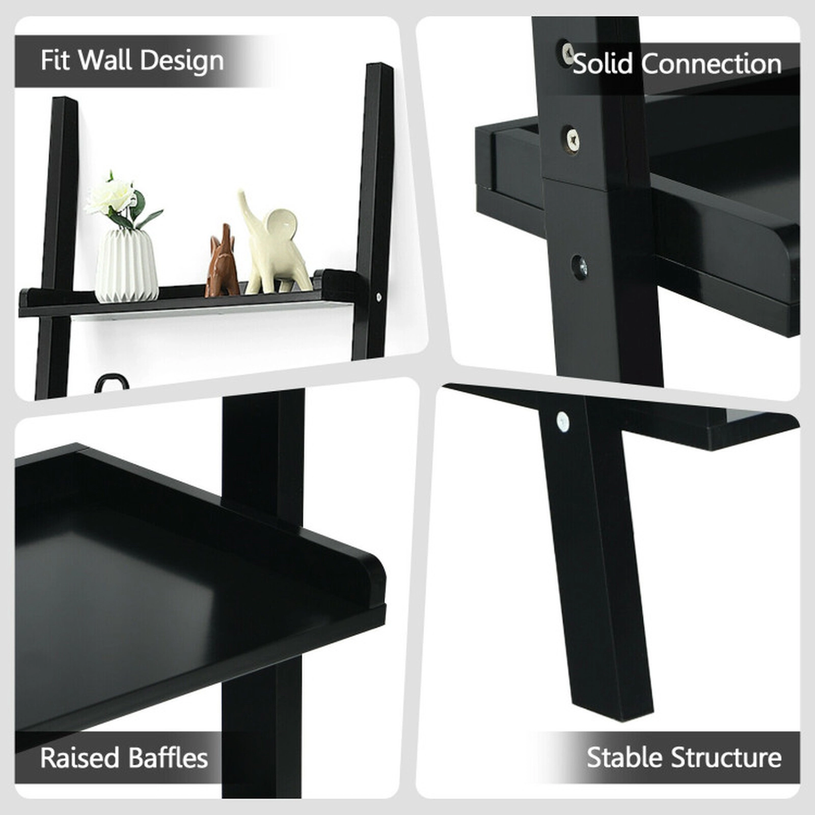 SUGIFT Black 5-Tier Wall-Leaning Ladder Shelf 74.5 in Display Rack