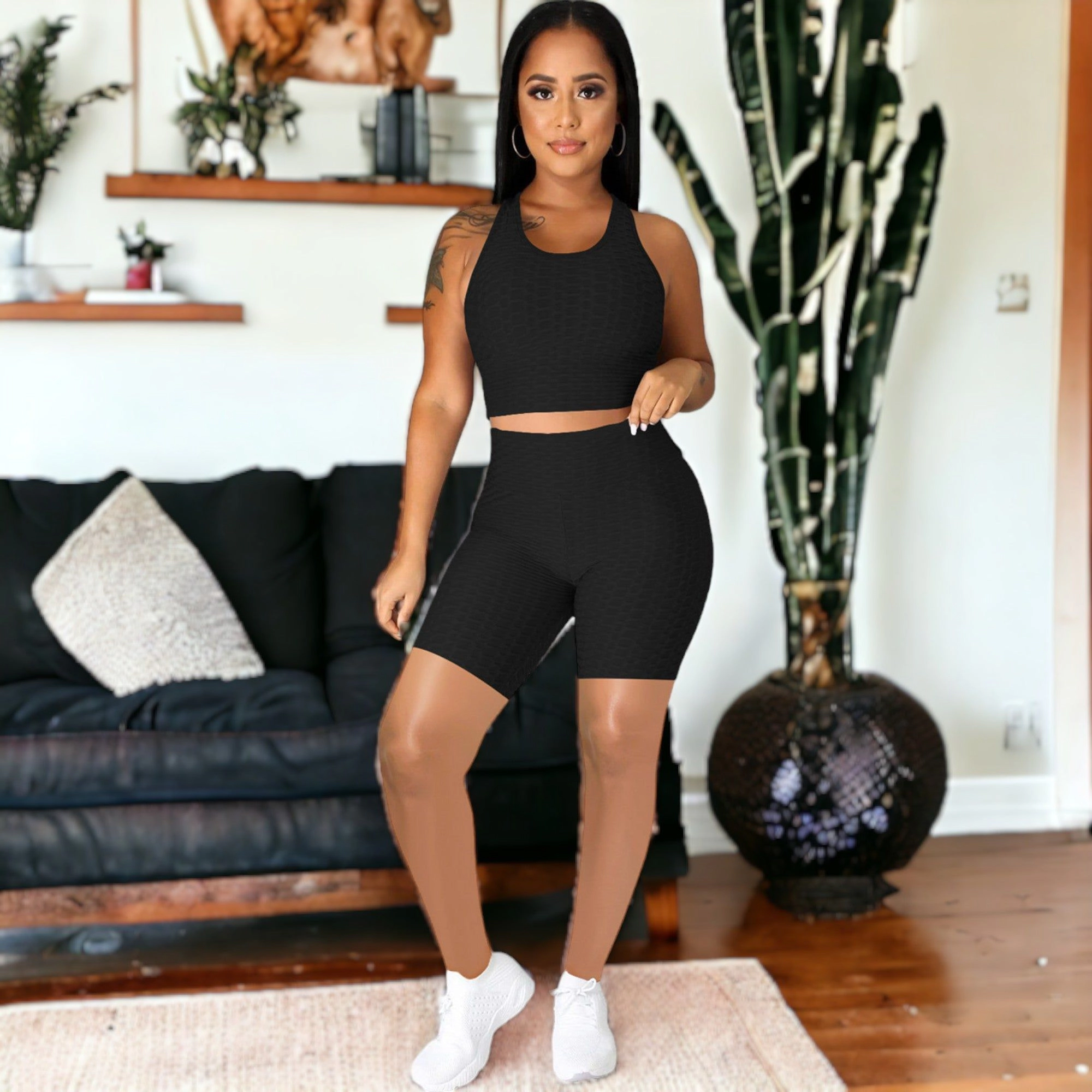 Anna-Kaci Women's Seamless Yoga Workout Set for Stretchy 2-Piece Outfits Racerback Crop Top High Waist Gym Shorts