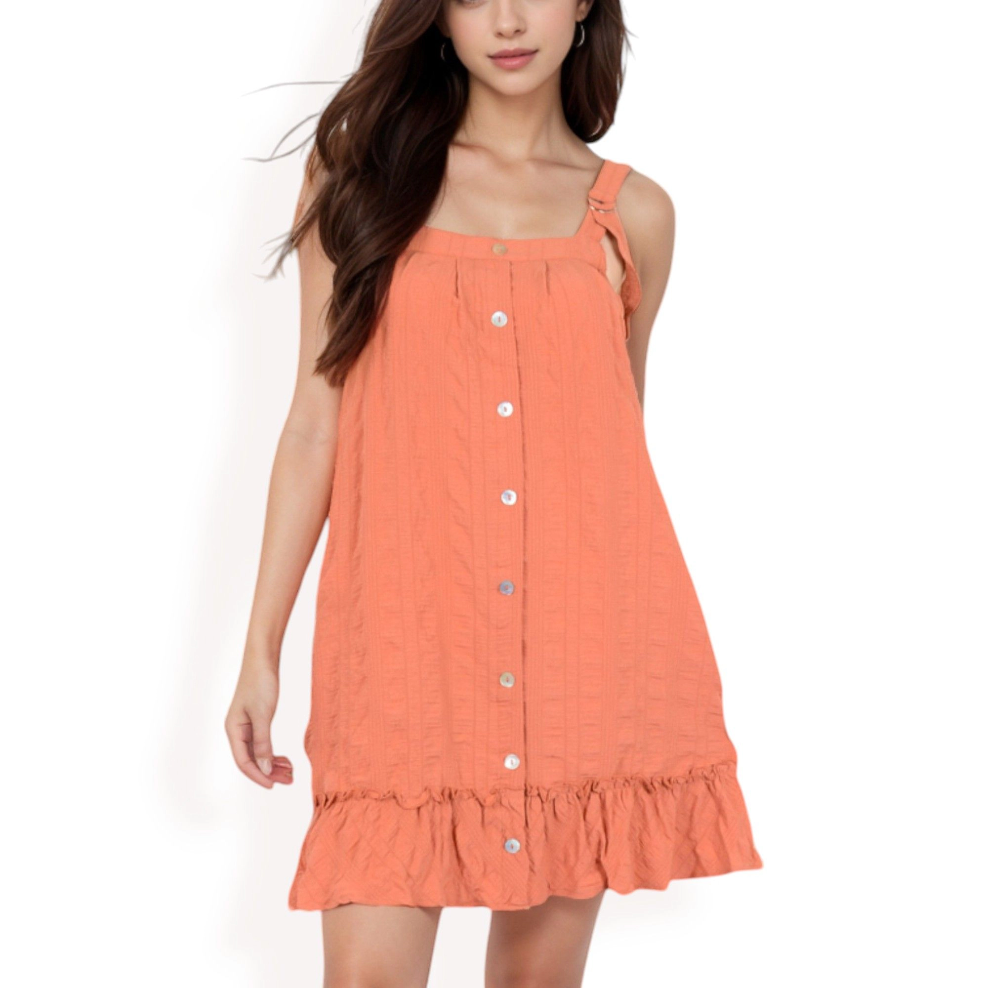 Anna-Kaci Ruffled Button-Down Mini Dress with Adjustable Straps, Textured Floral Fabric