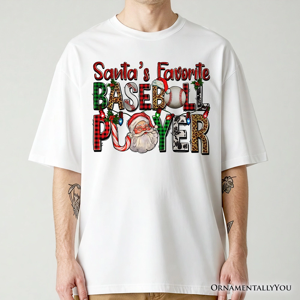 OrnamentallyYou Mens Santa's Favorite Baseball Player Plaid Christmas T-Shirt