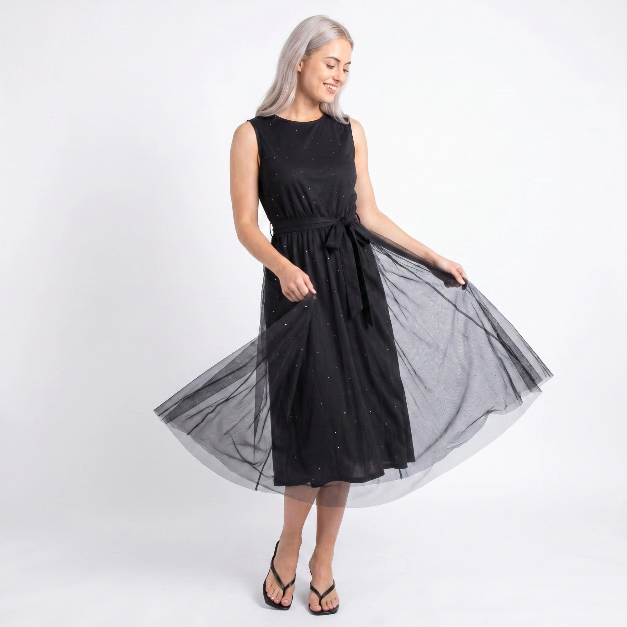 Anna-Kaci Women's Mesh Overlay Sleeveless Belted Midi Dress