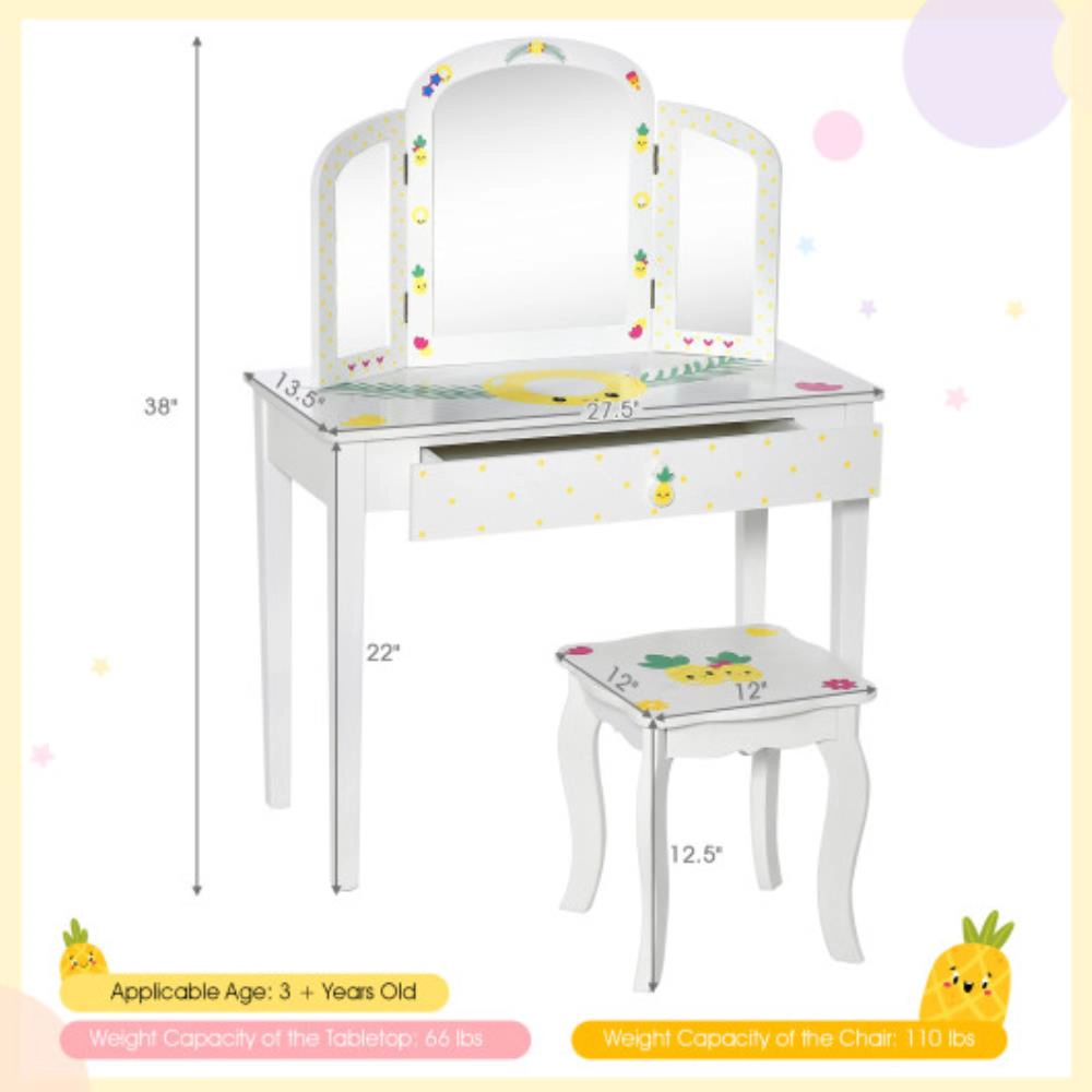 Hivvago Kids Vanity Table Set With Tri-Folding Mirror And Large Drawer-White