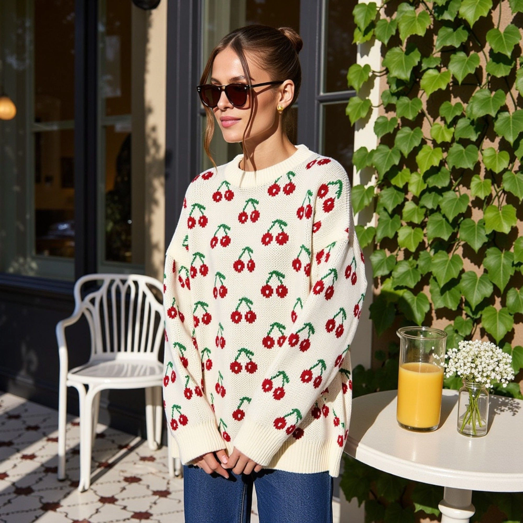Anna-Kaci Women's Cherry Pattern Crew Neck Long Sleeve Pullover Knit Sweater