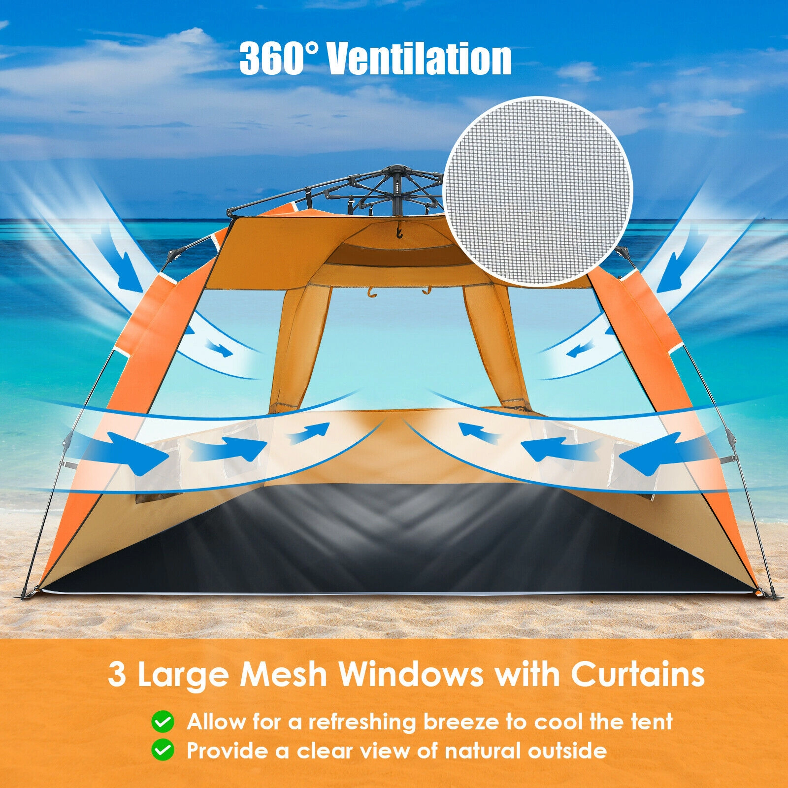 SUGIFT 3-4 Person Orange UPF 50+ Pop Up Beach Tent with 50-in Front Porch and 4 Pockets 100-in W 50-in D 52-in H