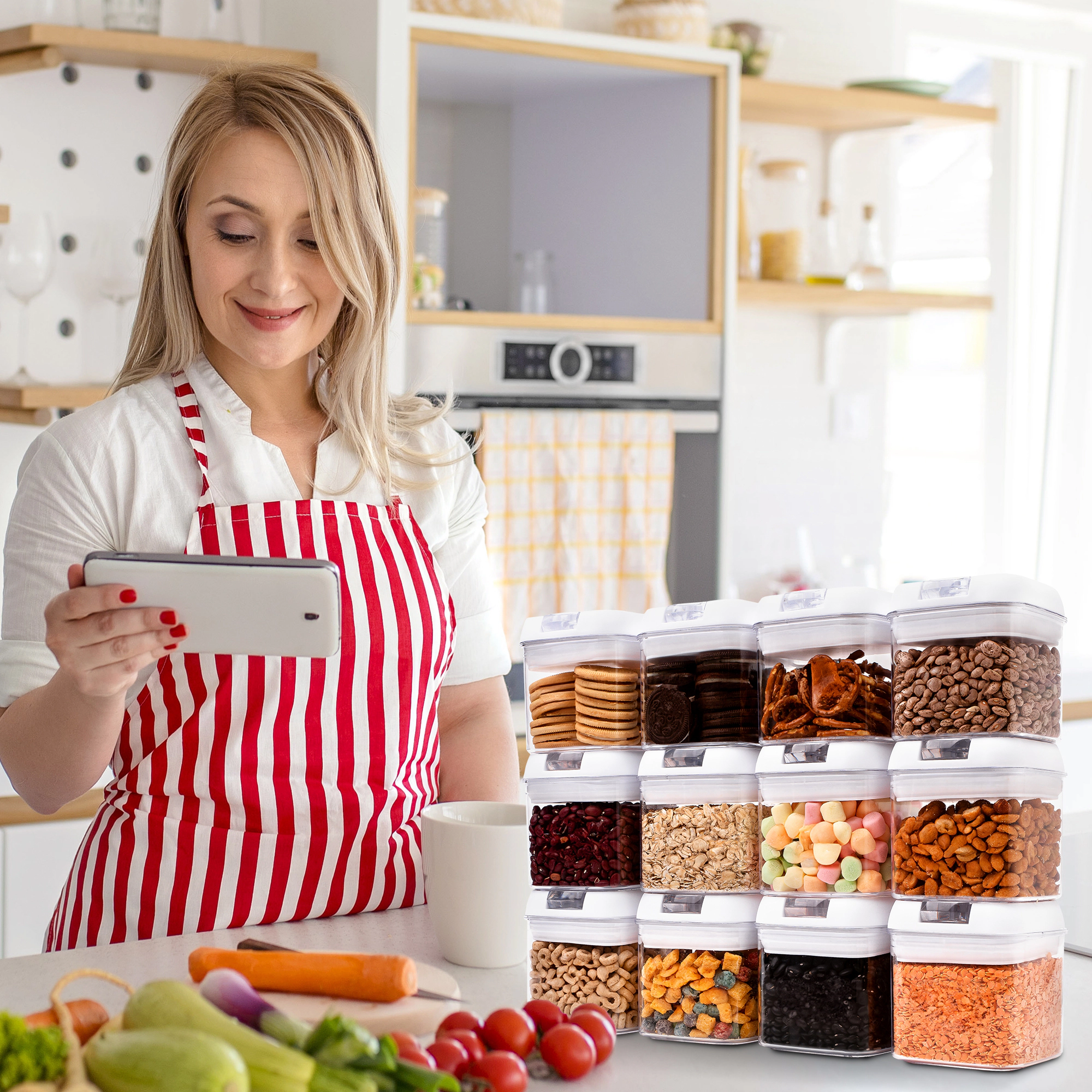 Cheer Collection Stackable Airtight Food Storage Containers with Labels, 12-Pack, White