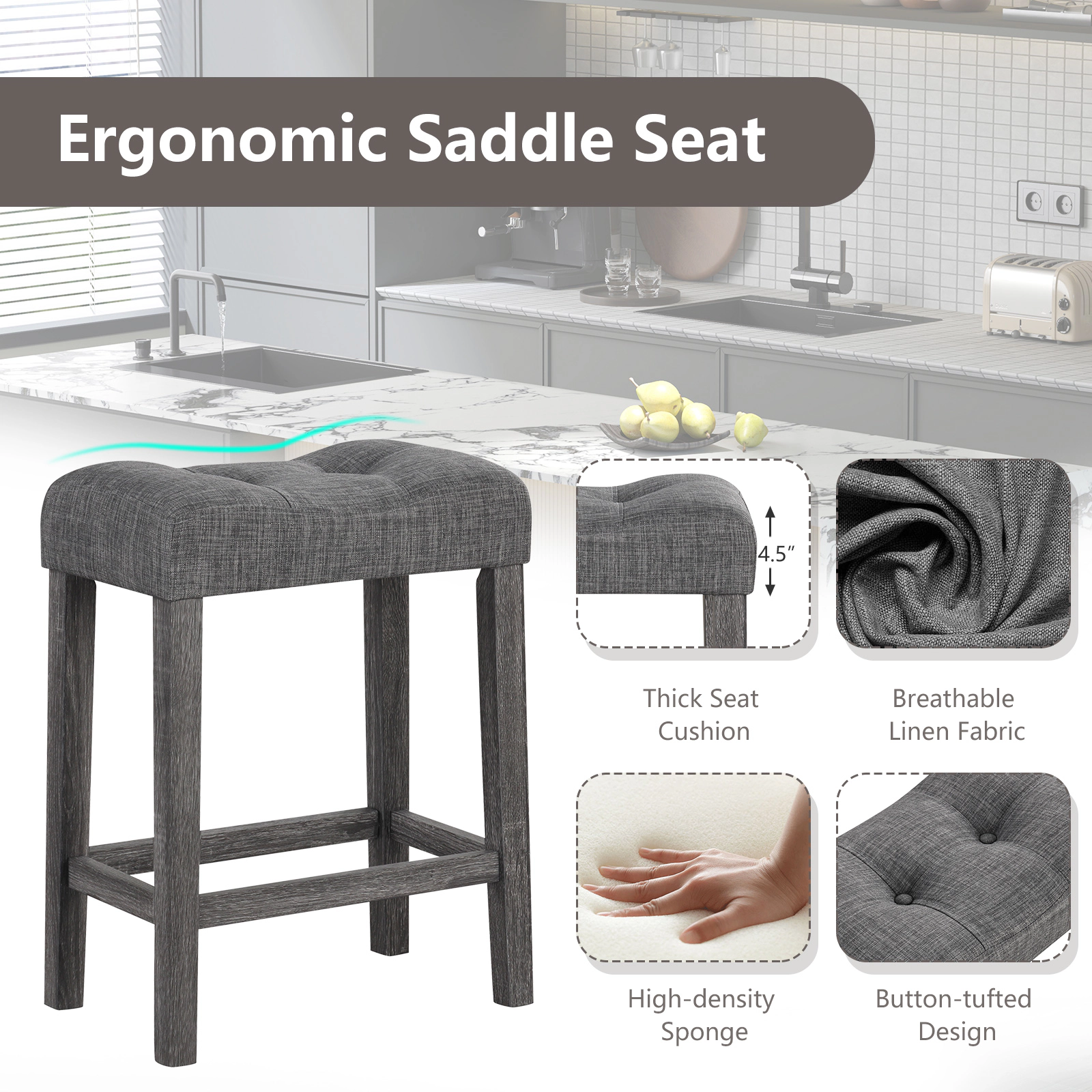Glintex 2-Piece 24-Inch Backless Saddle Counter Stool Set with Tufted Linen Seat, Gray