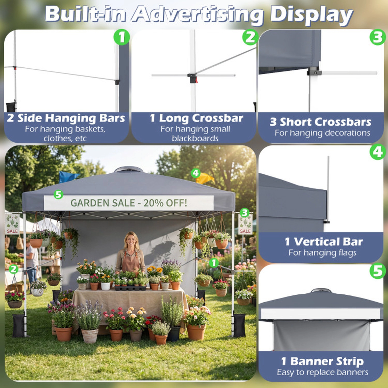 SUGIFT 10-ft by 10-ft 3-Level 300D Oxford Pop Up Canopy Tent with Banner Strip Hanging Bars and Roller Bag