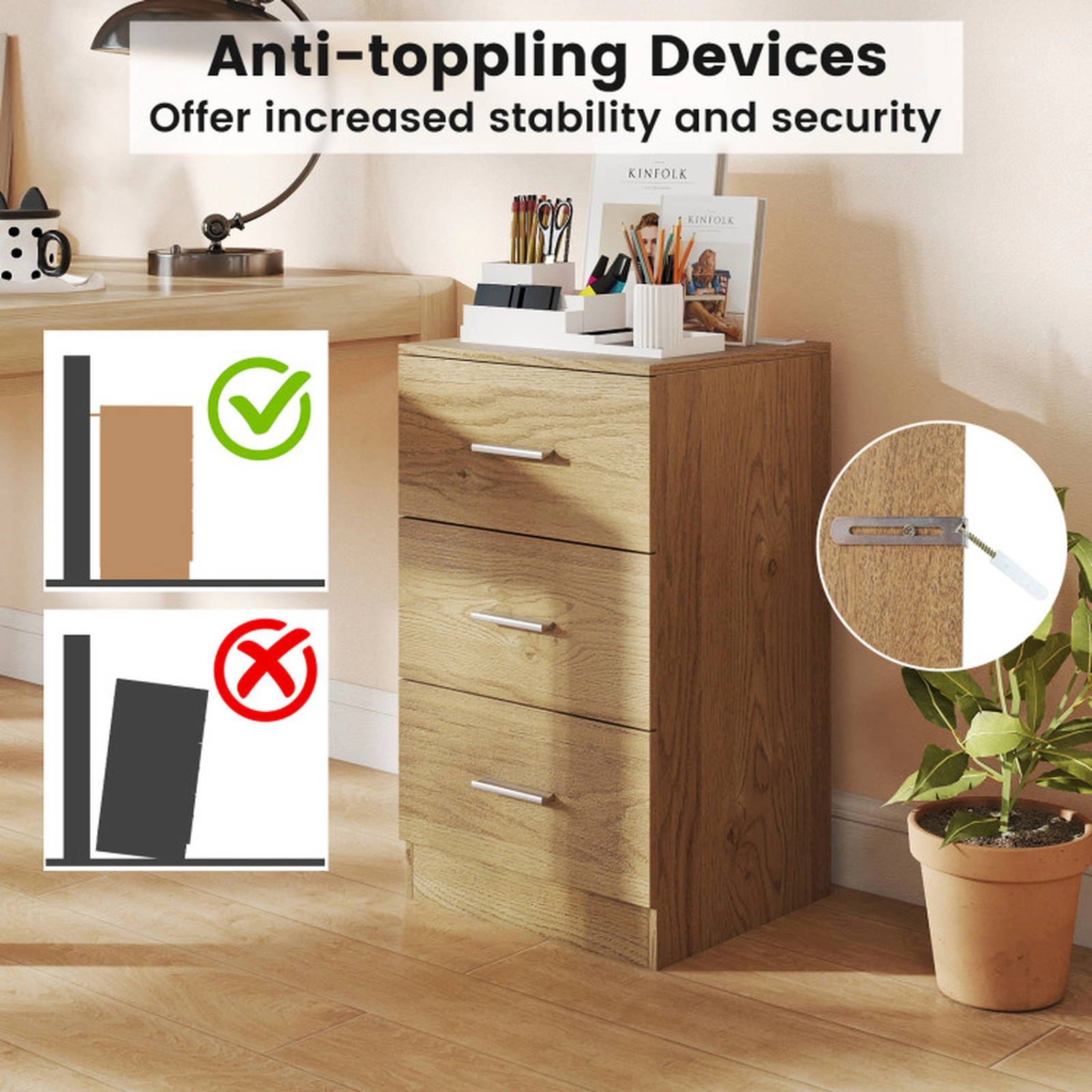 SUGIFT Set of 2 Nightstands with Charging Station and 3 Drawers 44-lb Countertop Capacity Natural