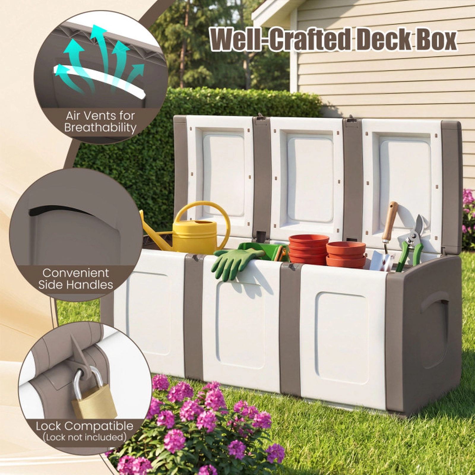 SUGIFT 80-Gal 90-lb Capacity Lockable Waterproof PP Deck Box Outdoor Patio Storage Container with Lid