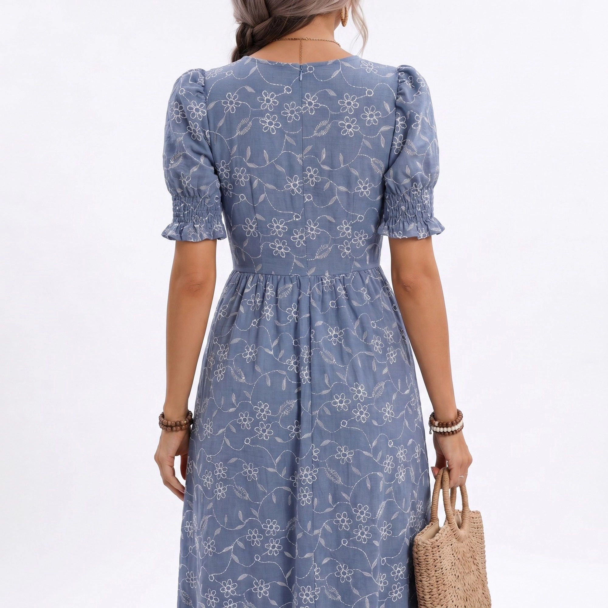 Anna-Kaci Women's Floral Embroidered Puff Sleeve Midi Dress