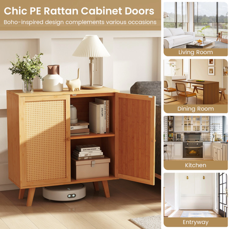 Hivvago Freestanding Bamboo Buffet with Woven PE Rattan Doors and Ample Storage