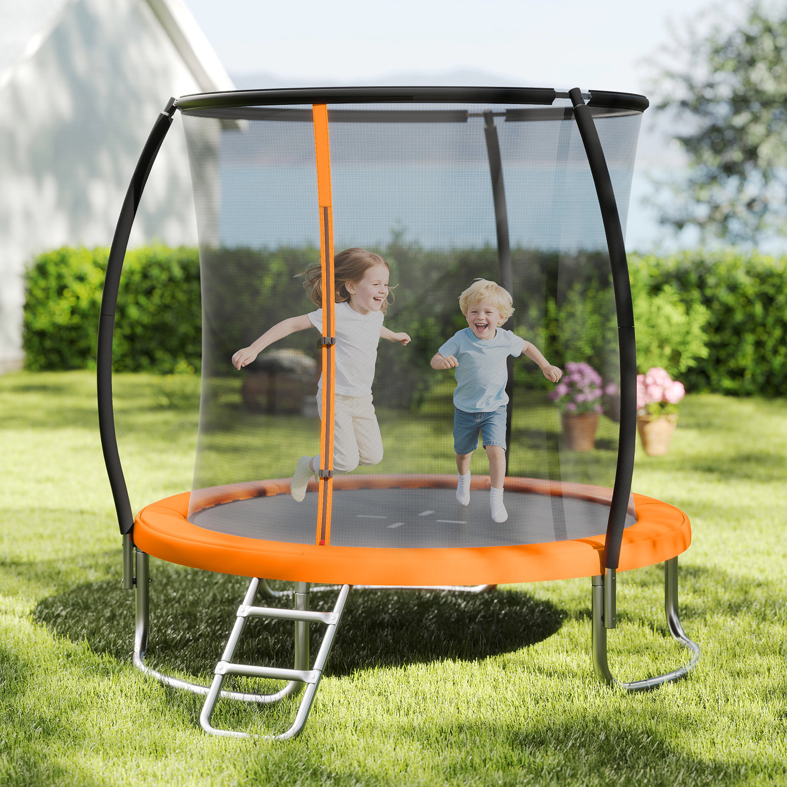 8-ft Trampoline Enclosure Net Ladder 880-lb Static Capacity Curved Legs Heavy-Duty Galvanized Trampoline Orange