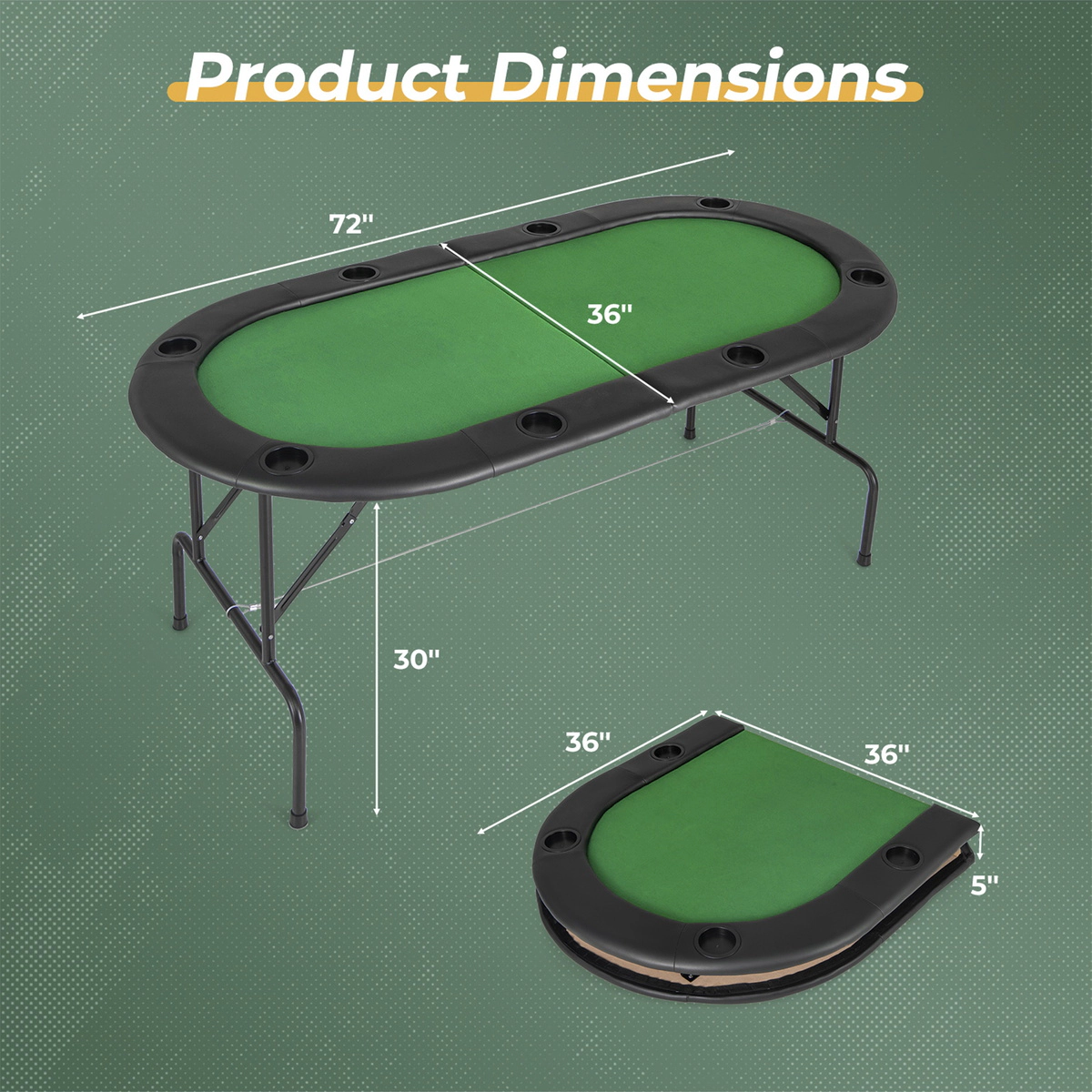 SUGIFT Green 8-Player Foldable Poker Table with 8 Cup Holders and Padded Armrests 72-in W 36-in D 30-in H
