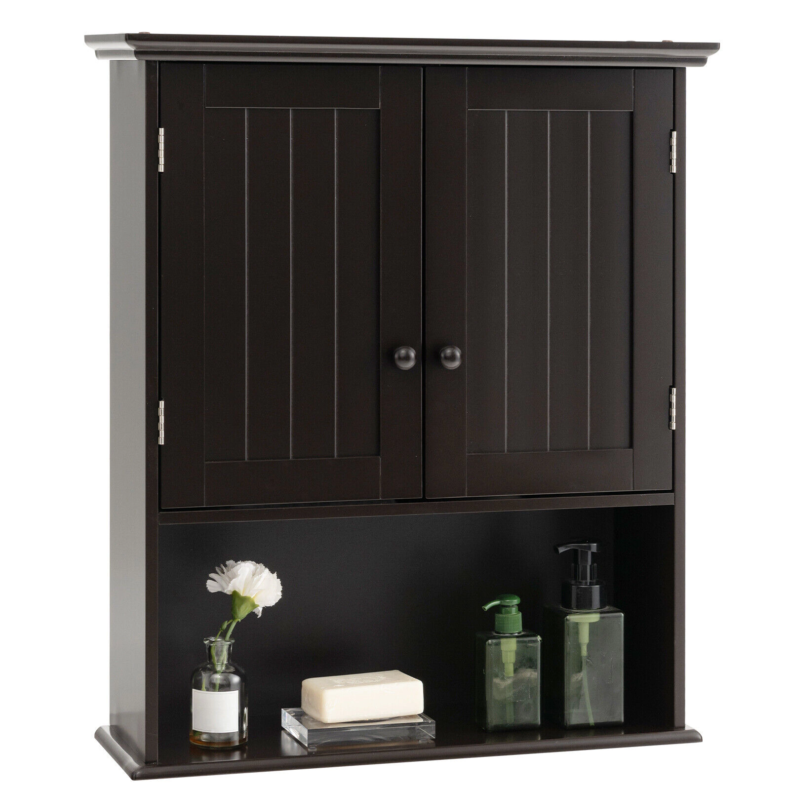 SUGIFT 3-Tier Wall Mount 2-Door Beadboard Bathroom Storage Cabinet 23.5-in x 8-in x 28-in 11-lb per Shelf Espresso