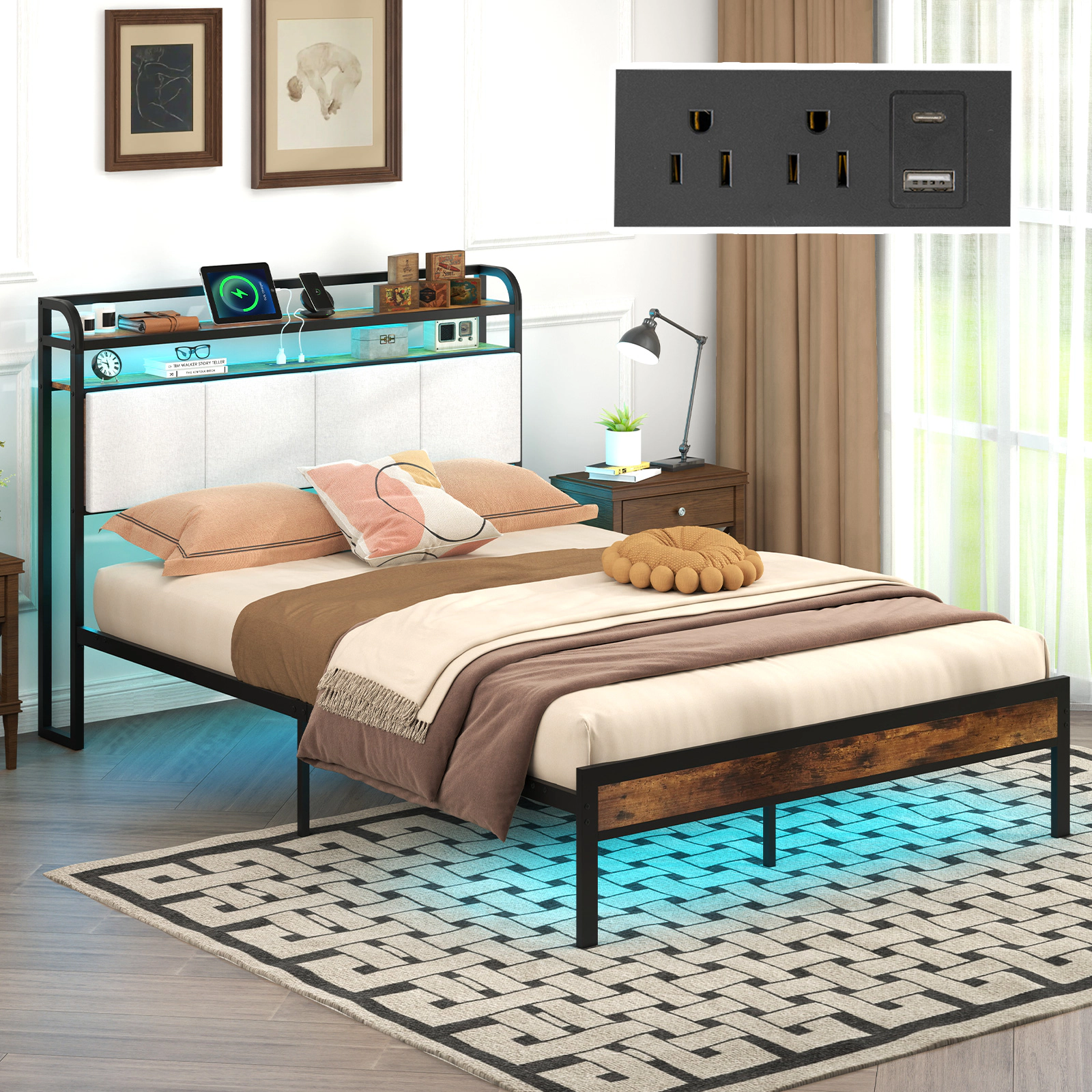 Full Size Metal Bed Frame with LED Light and Charging Station 2-Tier Storage Headboard Platform Bed Rustic Brown