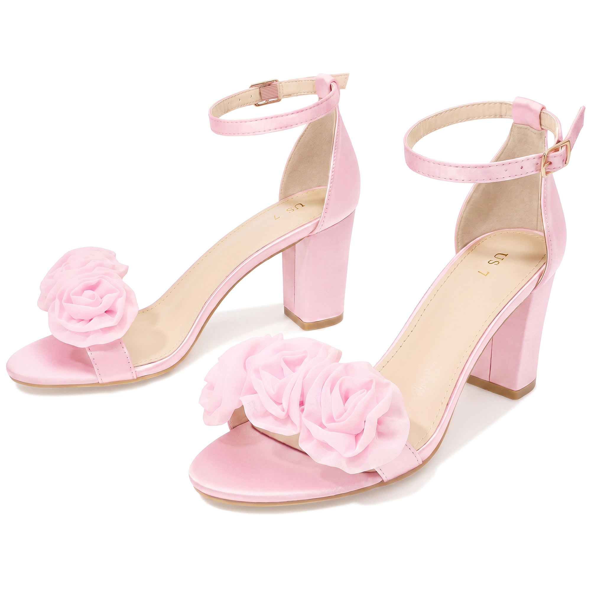 BLISSFUL STEP Women's Floral Ankle Strap Chunky Heels Flowers Sandals