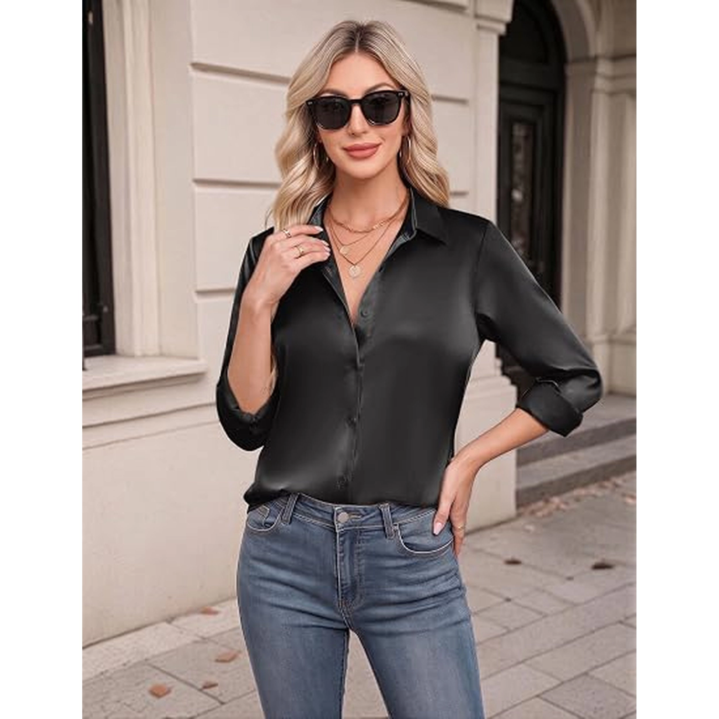 Zeagoo Women's Satin Long Sleeve Button Up Shirts Loose Collared Office Business Dressy Casual Tops