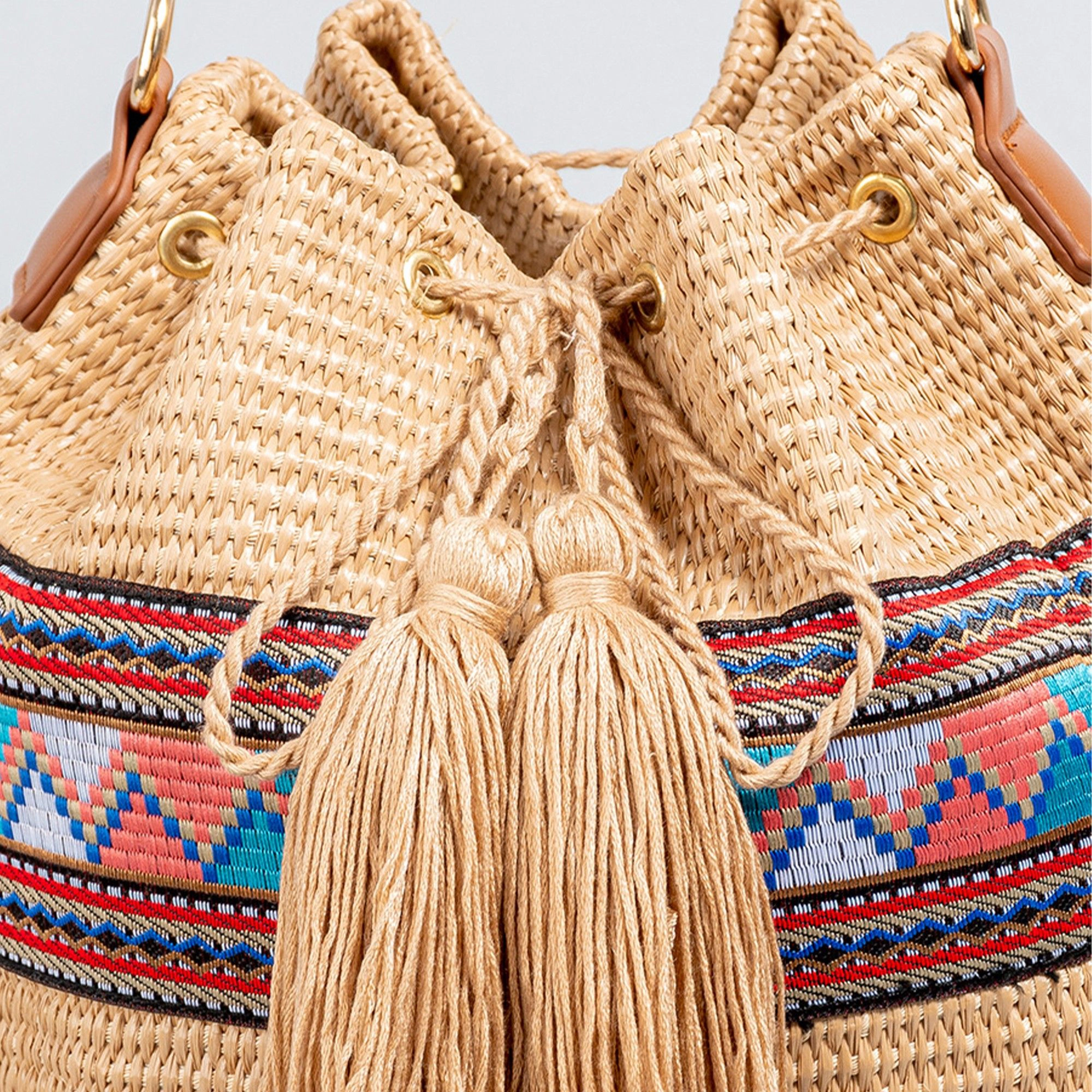 Alilang Women's Woven Straw Bucket Bag with Pattern Strap Drawstring Closure Tassel Detail Crossbody Handbag