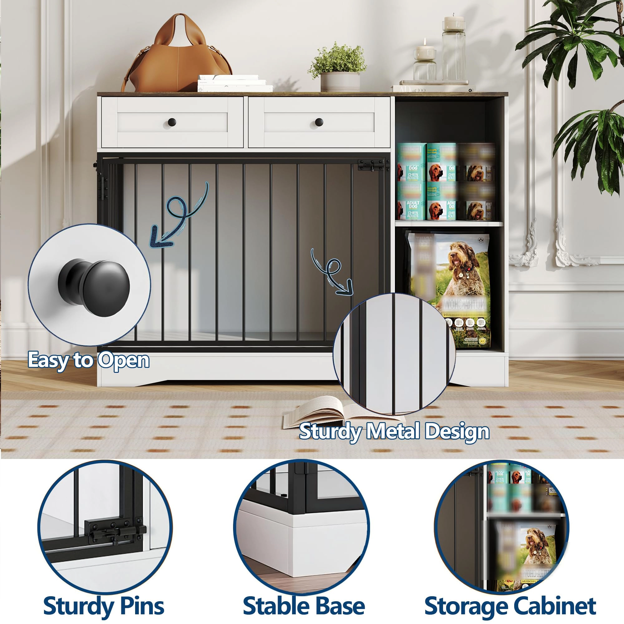 47" Farmhouse Dog Crate Furniture End Table with Double Doors, 2 Drawers & Cabinet, Chew-Resistant Kennel for Small Dogs