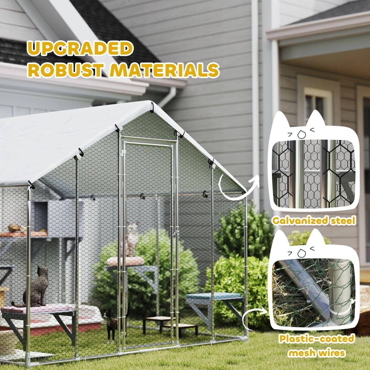 212 Main 94.5 in. PawHut Metal Outdoor Catio with Waterproof Cover - 2 Resting Boxes - 7 Jumping Platforms, Silver