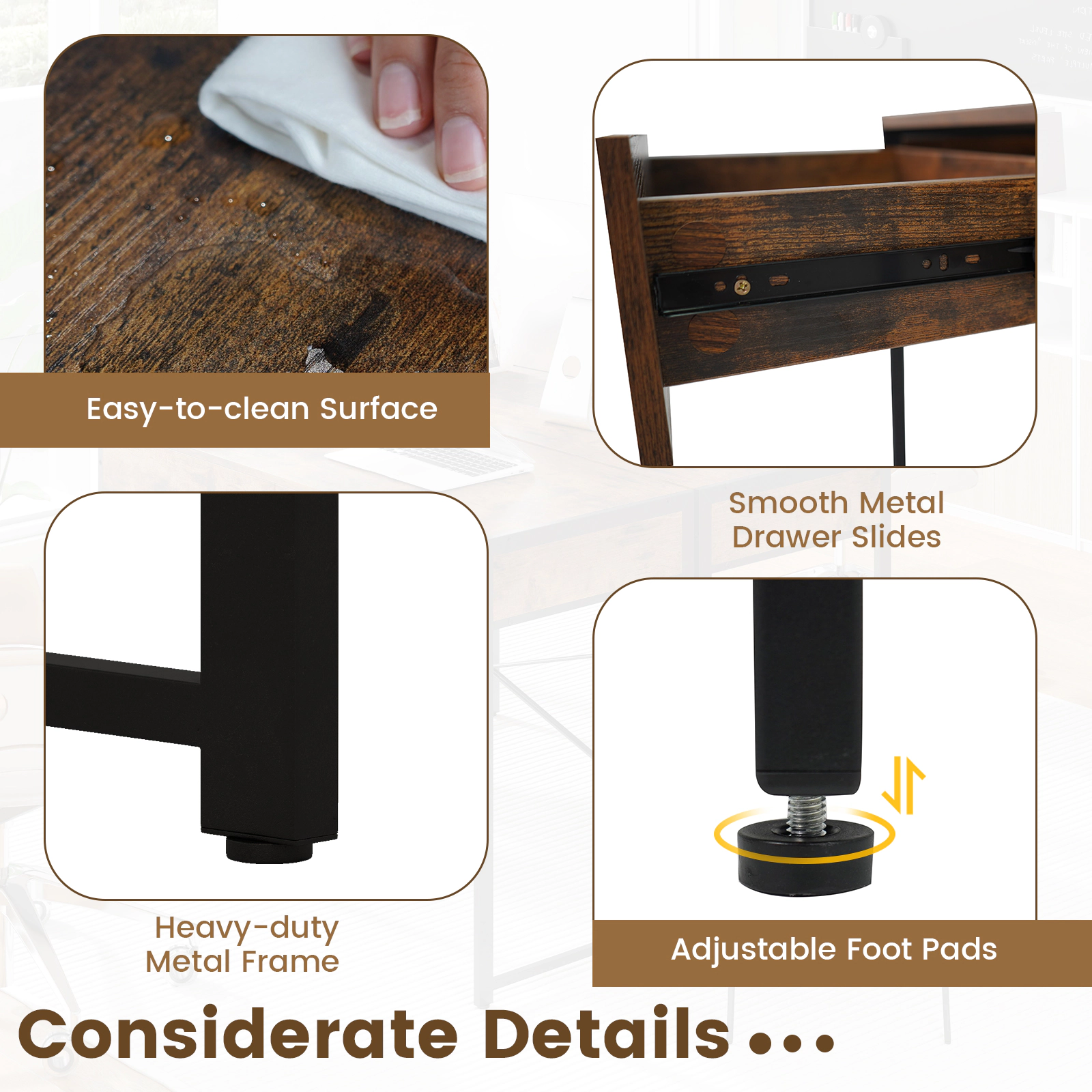 SUGIFT 2-Drawer Home Office Writing Desk Steel Frame 200-lb Tabletop Capacity 25-lb Drawer Capacity 44-in Wide Brown