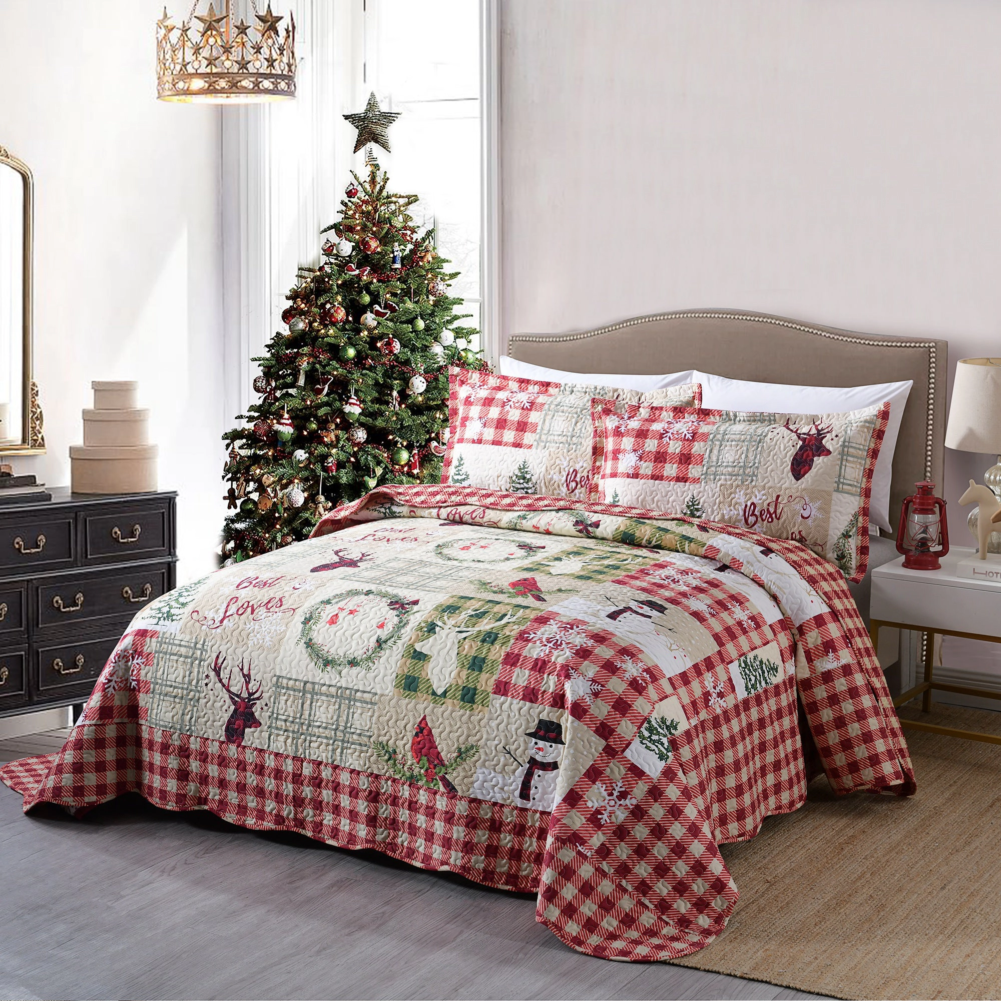 MarCielo 3 Piece Christmas Snowman Reversible Quilt Set Lightweight Holiday Bedspread Set